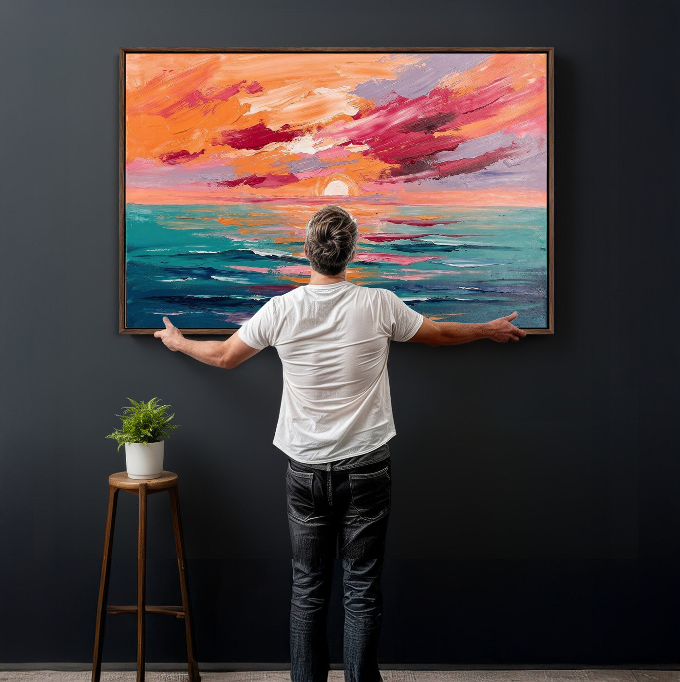 26763902-MGV-CV-36X24 - Bold Palette Knife Ocean Sunset Canvas — Orange Pink Teal Expressionist Sea Print | Colorful Coastal Wall Art | Vibrant Beach Decor Gift