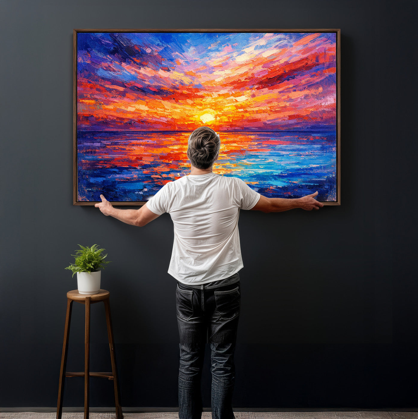 54915078-MGV-CV-36X24 - Colorful Knife Ocean Sunset Canvas — Orange Pink Teal Expressionist Sea Print | Colorful Coastal Wall Art | Vibrant Beach Decor Gift