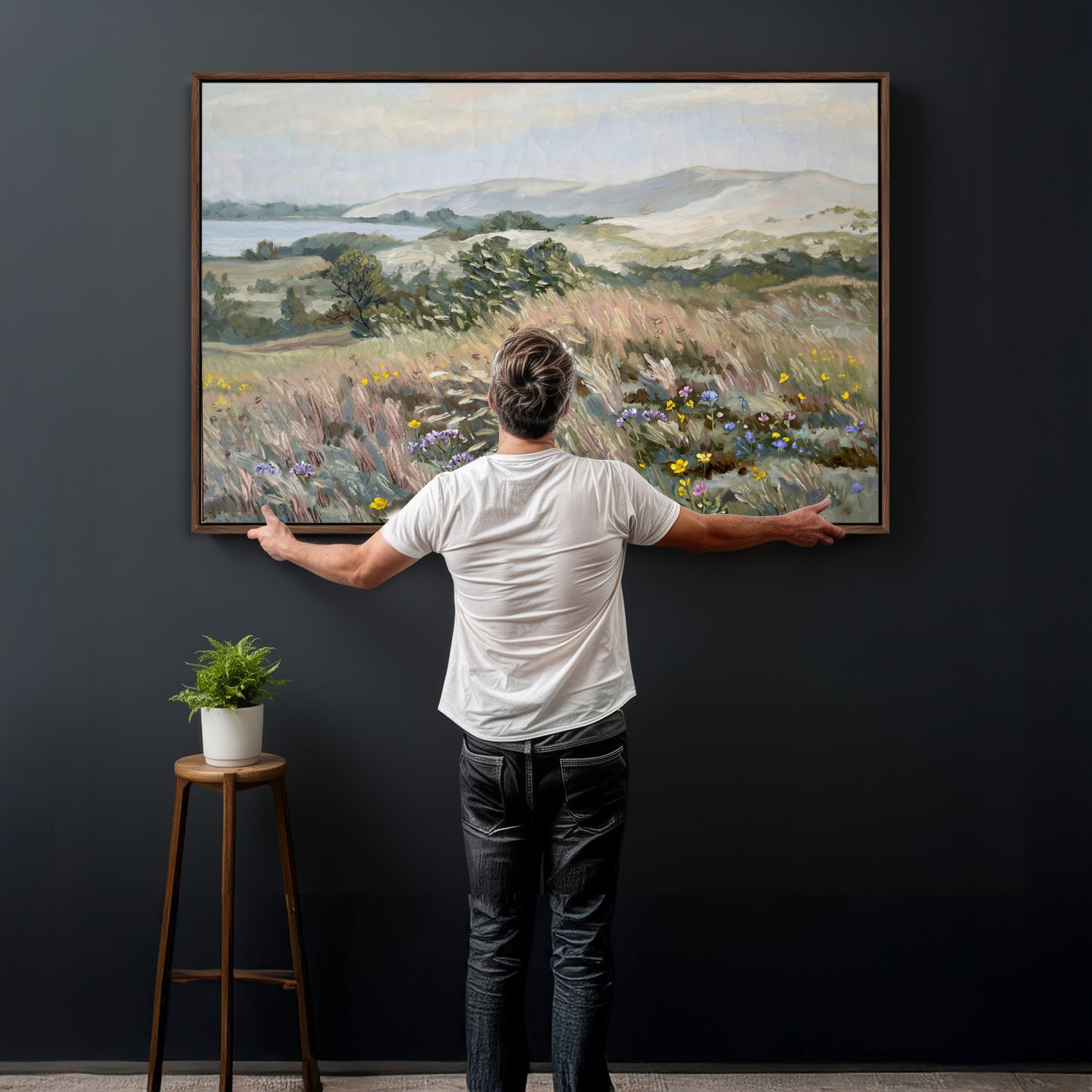 18013232-MGV-CV-36X24 - Katie Staples Hillside Canvas Wall Art — Coastal Wildflower Dune Oil Painting Print | Muted Green Nature Decor | Plein Air Landscape Gift