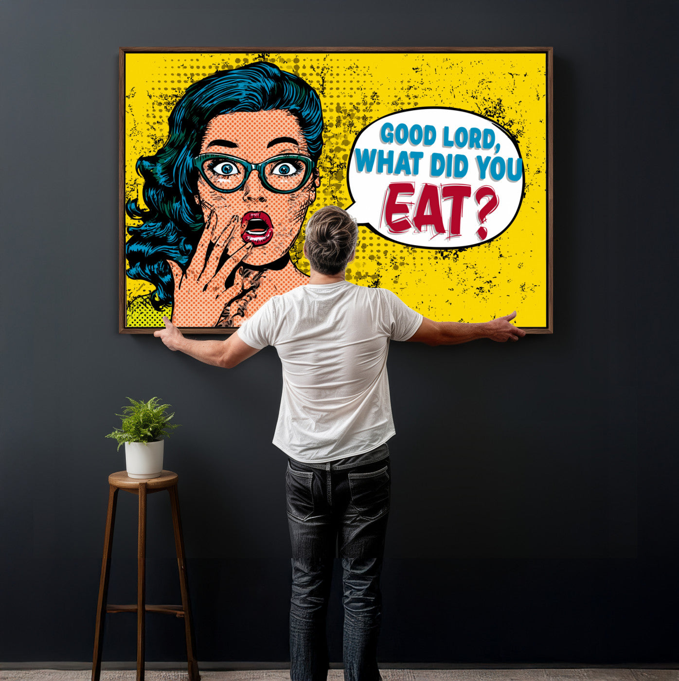 88217969-MGV-CV-36X24 - Pop Art Print Bathroom Sign Wall Art Canvas Print — Funny Bathroom Canvas | Comic Style Toilet Wall Decor | Humor Gift | Yellow Bold Bathroom Art