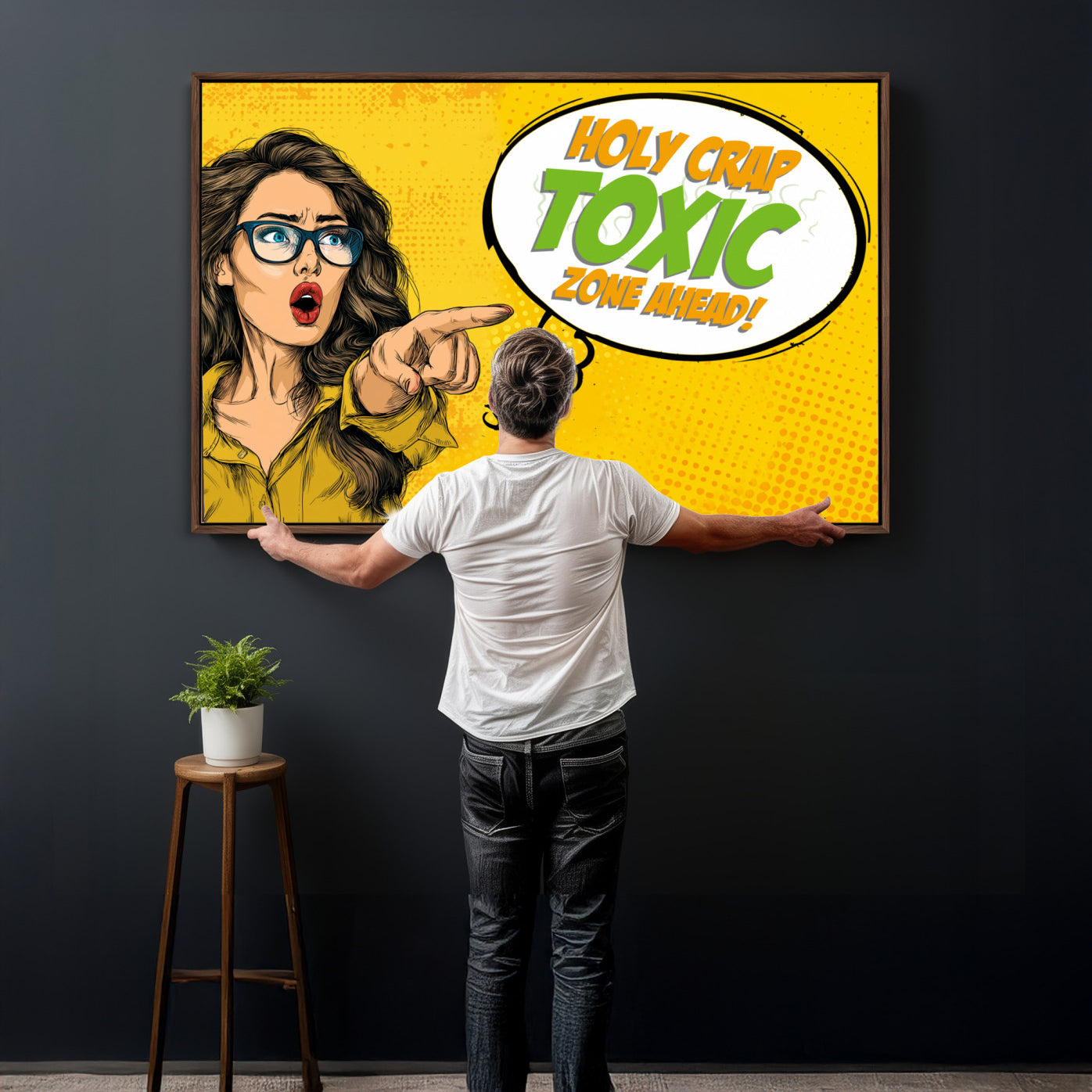 79156505-MGV-CV-36X24 - Pop Art Print Bathroom Sign Wall Art Canvas Print — Funny Bathroom Canvas | Comic Style Toilet Wall Decor | Humor Gift | Yellow Bold Bathroom Art