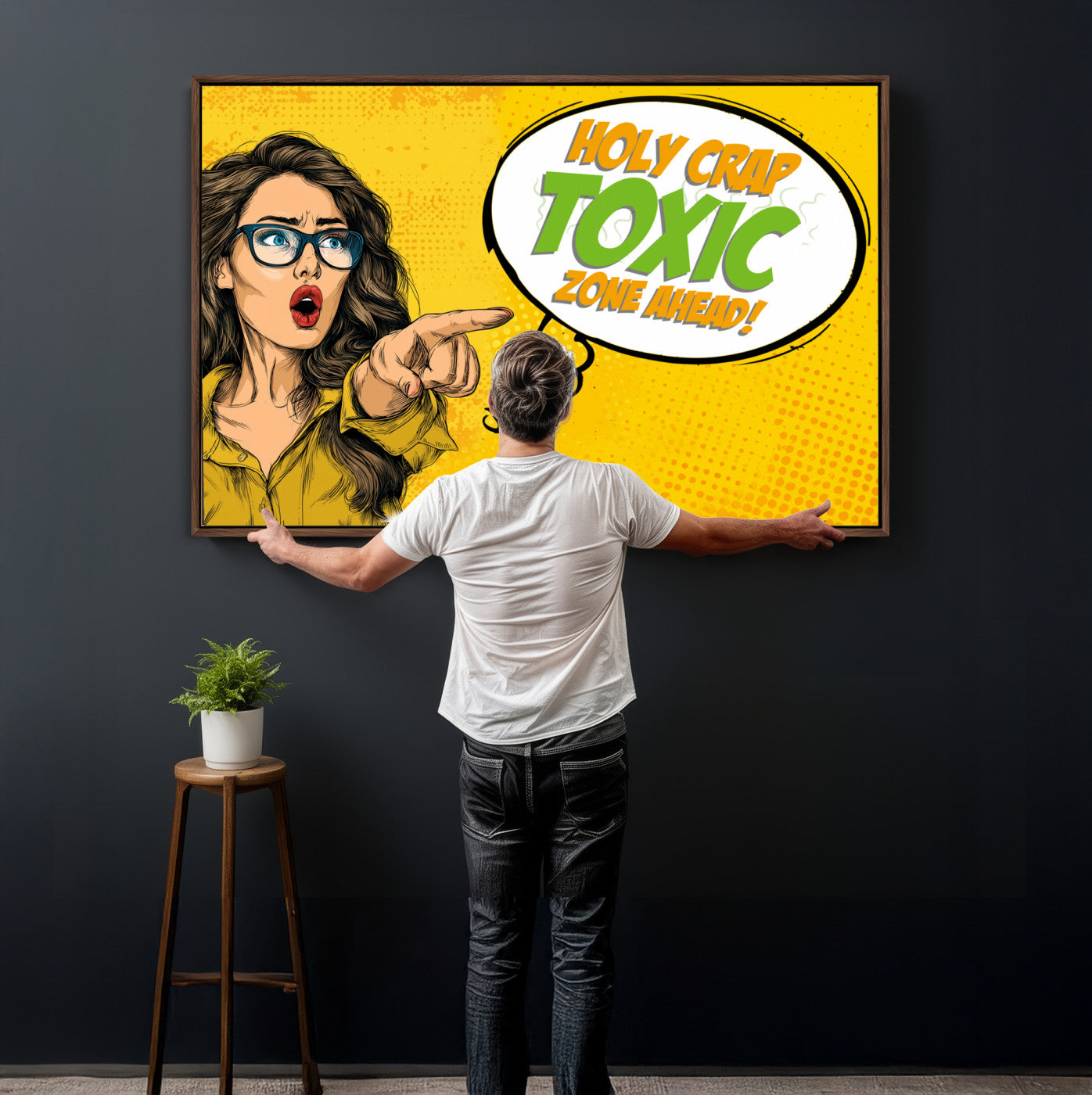 79156505-MGV-CV-36X24 - Pop Art Print Bathroom Sign Wall Art Canvas Print — Funny Bathroom Canvas | Comic Style Toilet Wall Decor | Humor Gift | Yellow Bold Bathroom Art