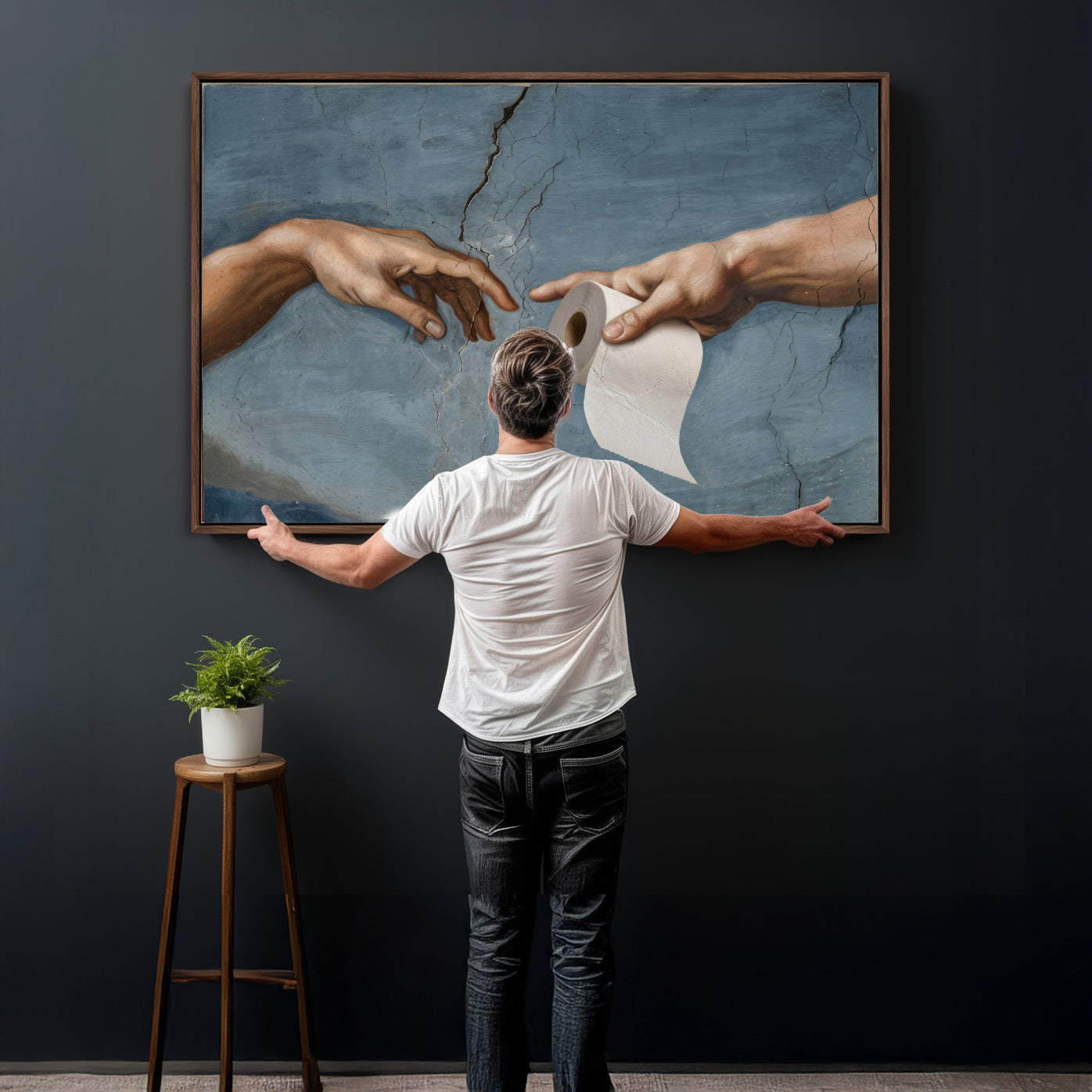 42648143-MGV-CV-36X24 - Funny Bathroom Canvas Wall Art, Michelangelo Creation of Adam Toilet Paper Parody, Renaissance Humor Print, Quirky Housewarming Gift, Toilet Room Decor