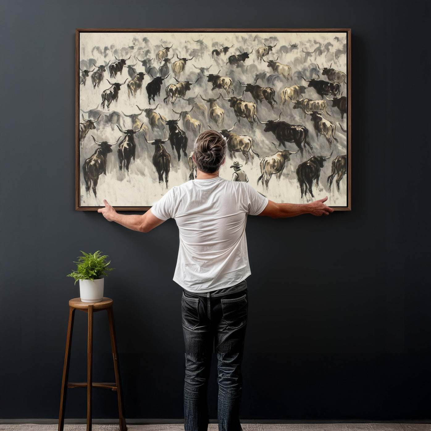 48049876-MGV-CV-36X24 - Cowboy Cattle Drive Canvas Wall Art, Western Longhorn Herd Ink Painting Print, Ranch Rodeo Decor, Black White Western Art, Large Living Room Art
