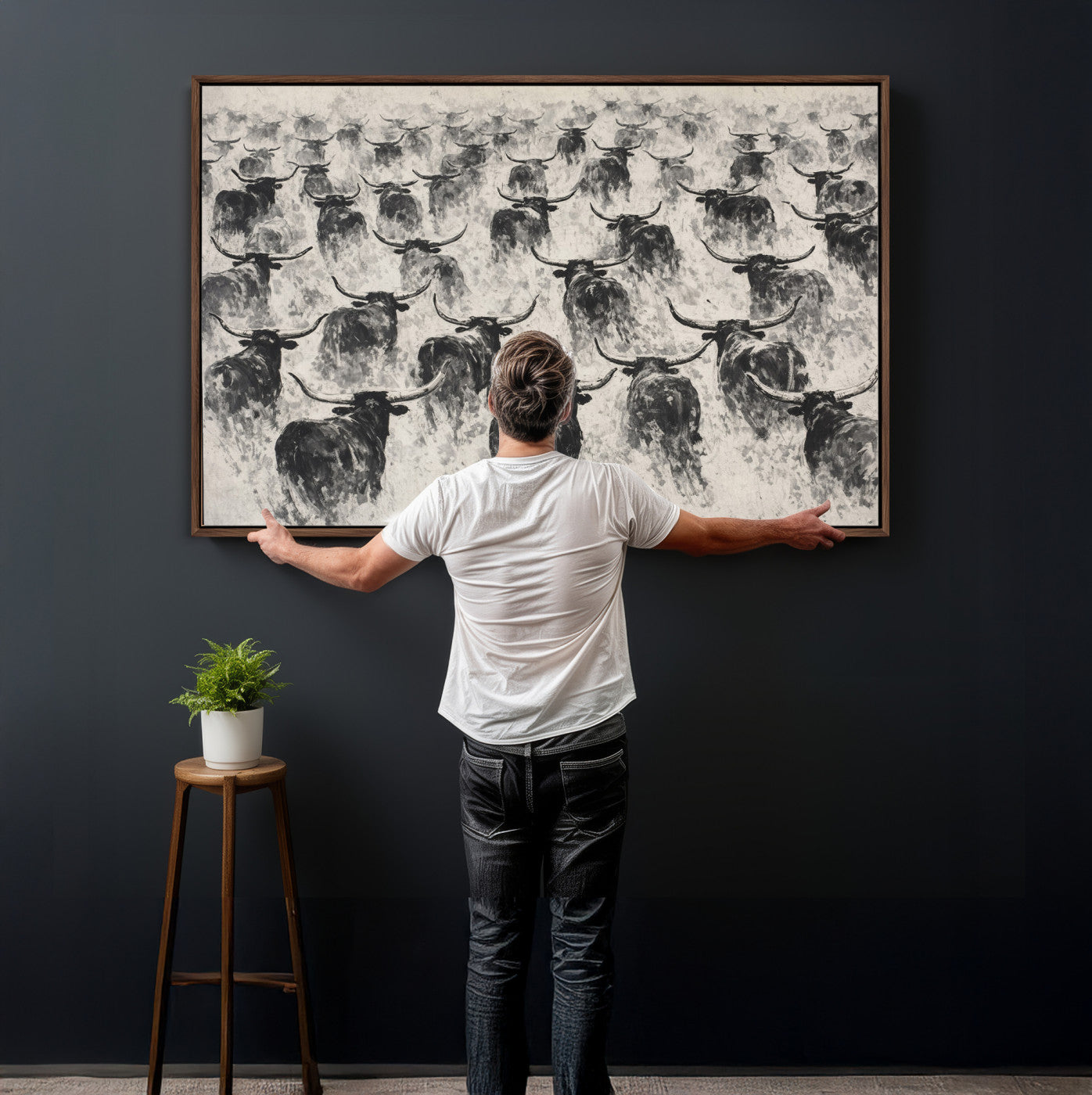 73328525-MGV-CV-36X24 - Texas Longhorn Drawing Canvas Wall Art, Western Cattle Stampede Painting Print, Warm Amber Ranch Decor, Rustic Cowboy Home Art, Large Living Room Decor