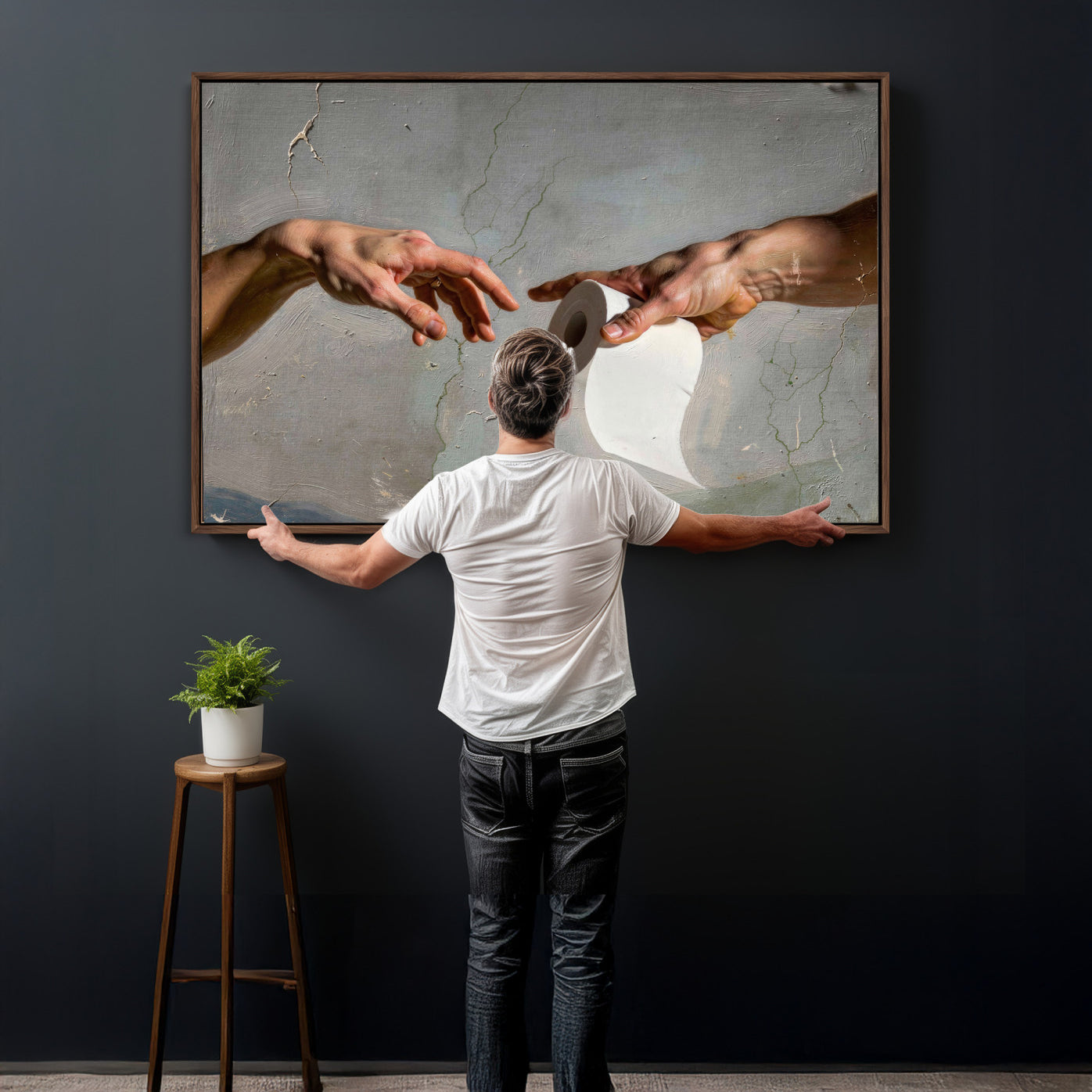 72030048-MGV-CV-36X24 - Funny Bathroom Wall Art Canvas, Creation of Toilet Paper Parody Print, Renaissance Humor Decor, Toilet Room Art, Quirky Housewarming Gift, Classic Art Spoof