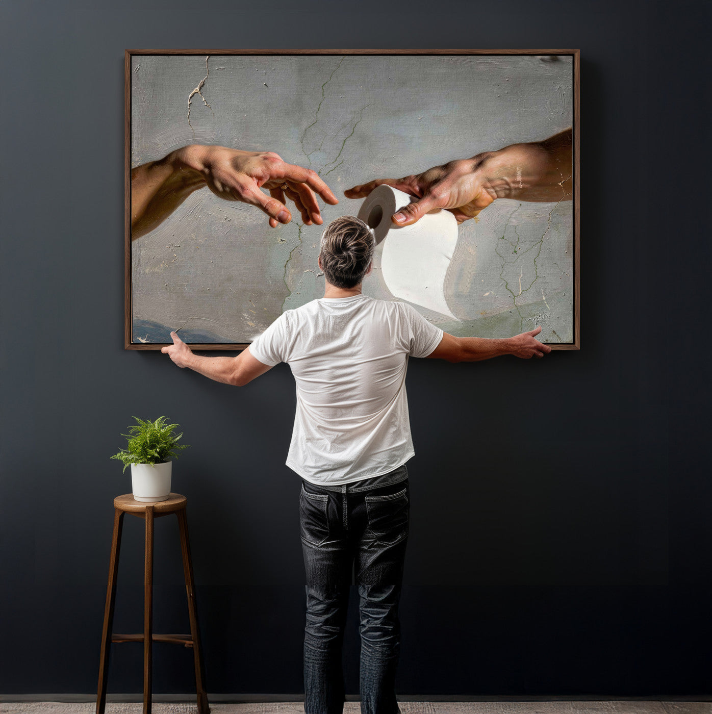 72030048-MGV-CV-36X24 - Funny Bathroom Wall Art Canvas, Creation of Toilet Paper Parody Print, Renaissance Humor Decor, Toilet Room Art, Quirky Housewarming Gift, Classic Art Spoof