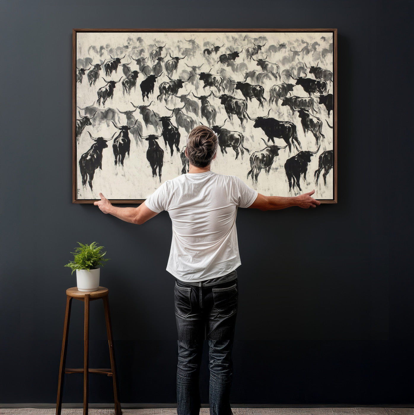 68669792-MGV-CV-36X24 - Longhorn Cattle Canvas Wall Art, Black White Stampede Ink Painting Print, Western Farmhouse Decor, Bull Herd Art, Large Living Room Wall Art, Ranch Home Decor