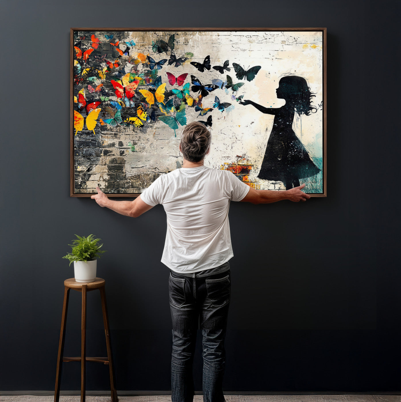 33909022-MGV-CV-36X24 - Banksy Butterfly Girl Wall Art Canvas Print, Framed Street Art Silhouette Graffiti Artwork, Colorful Butterfly Wall Decor for Living Room Bedroom Office
