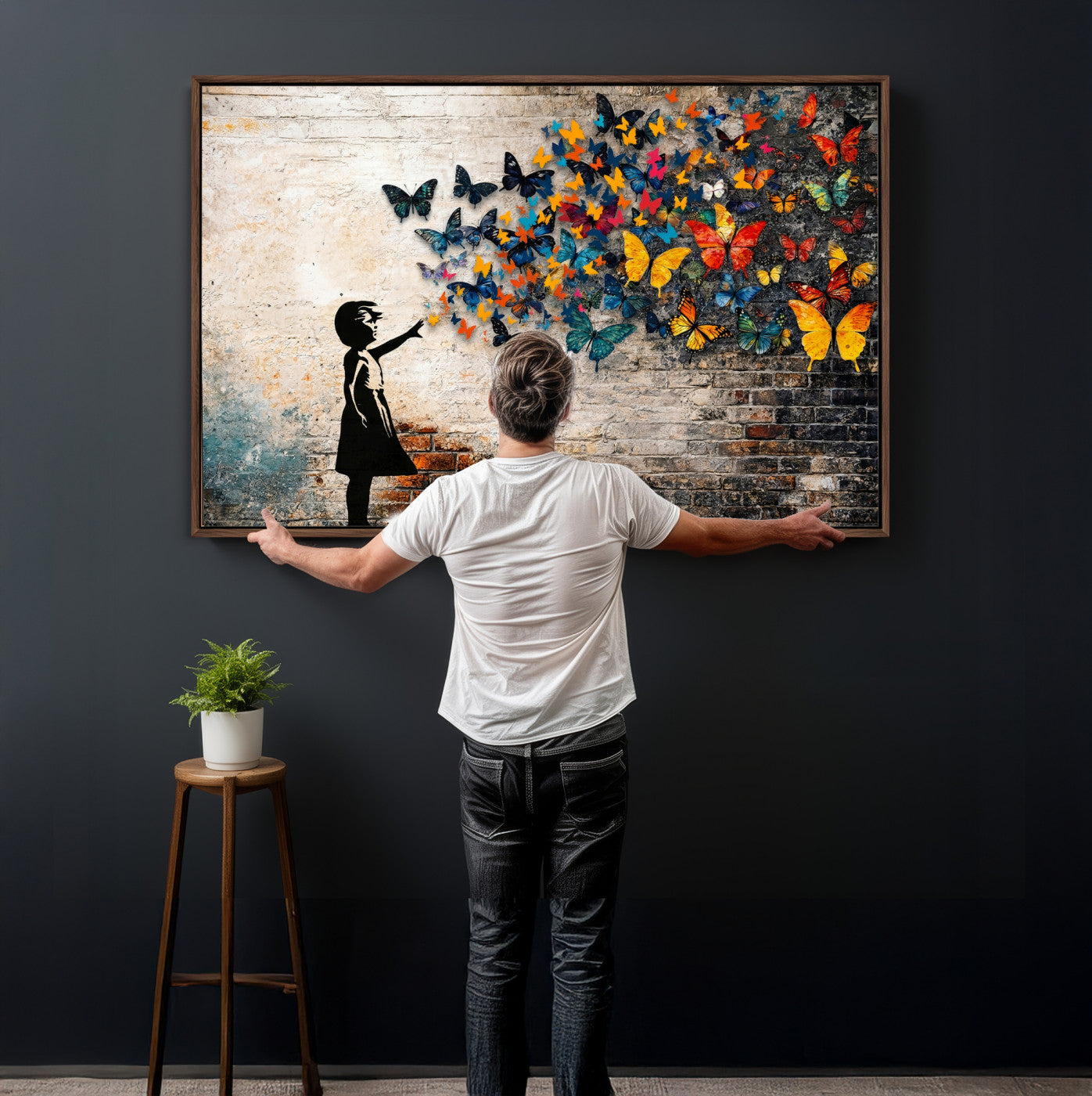 78760384-MGV-CV-36X24 - Banksy Graffiti Butterfly Girl Wall Art Canvas Print, Framed Street Art Canvas Print, Silhouette Butterfly Wall Art for Living Room Bedroom Office