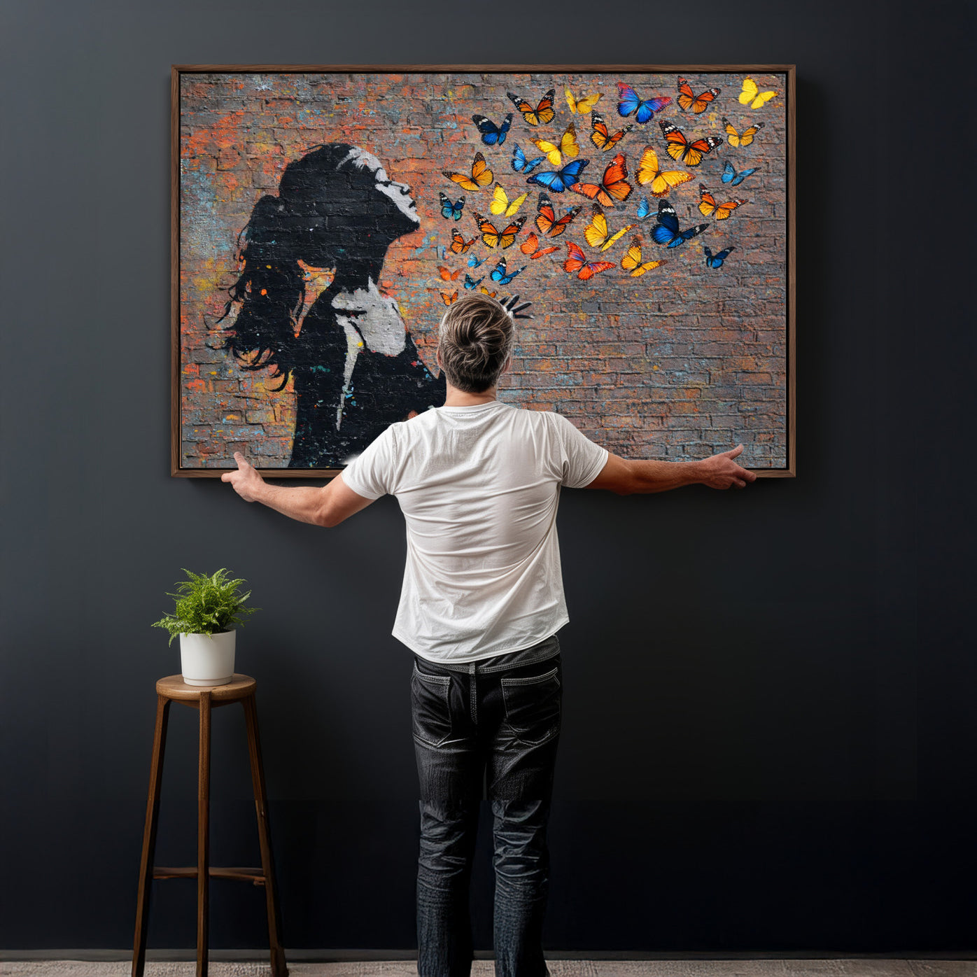 10555939-MGV-CV-36X24 - Urban Banksy Butterfly Girl Wall Art Canvas Print, Framed Street Art Canvas Print, Graffiti Silhouette Butterfly Wall Art for Living Room Bedroom Office