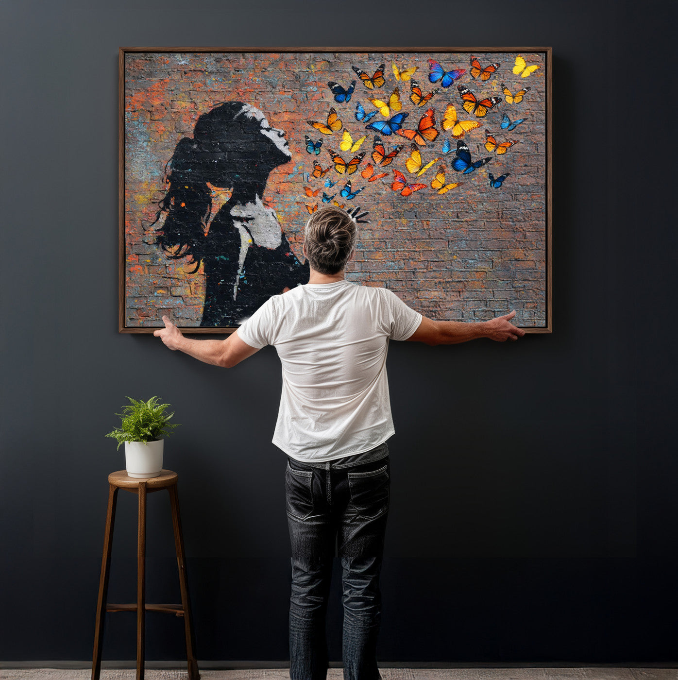 10555939-MGV-CV-36X24 - Urban Banksy Butterfly Girl Wall Art Canvas Print, Framed Street Art Canvas Print, Graffiti Silhouette Butterfly Wall Art for Living Room Bedroom Office
