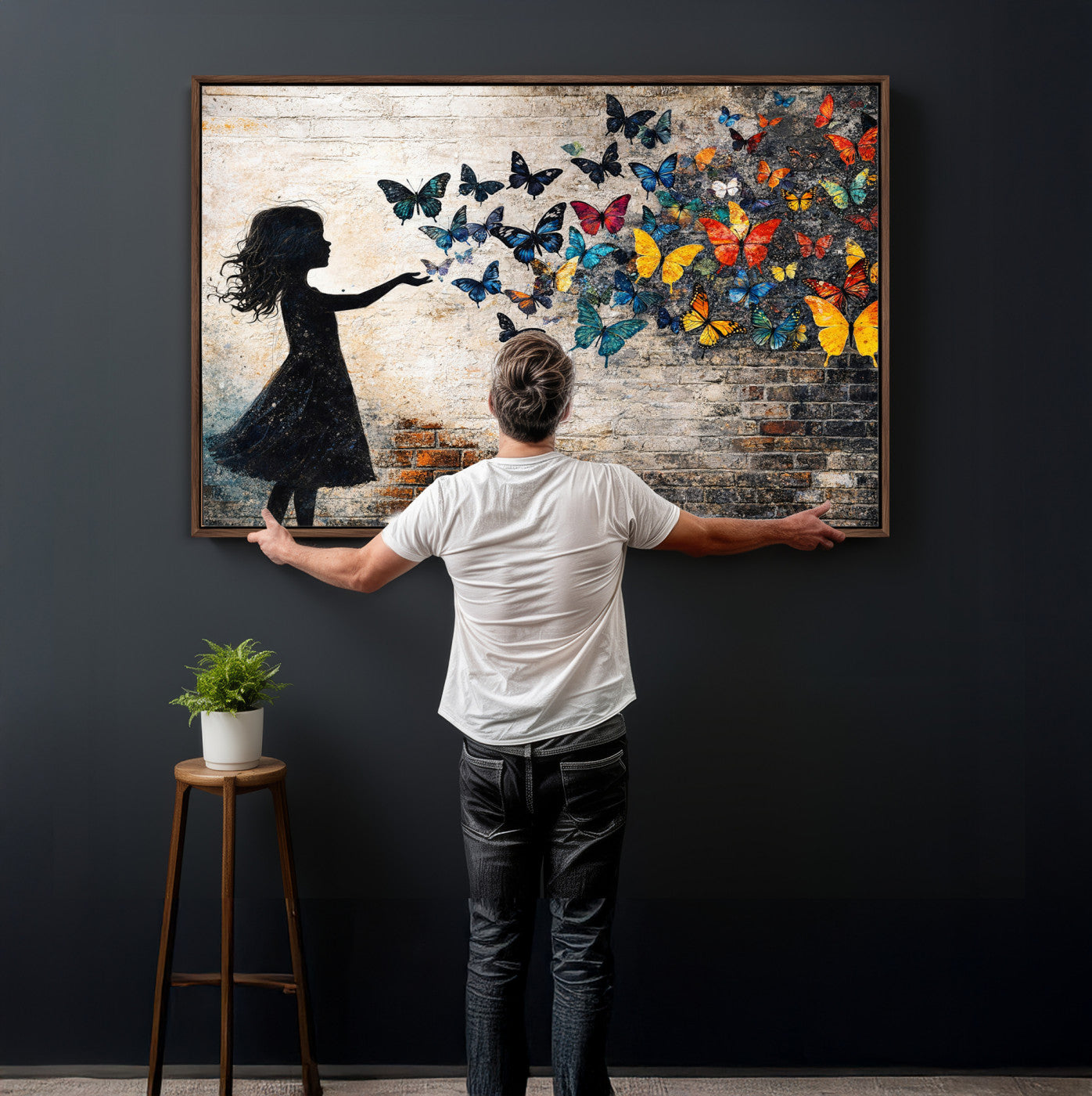 70522594-MGV-CV-36X24 - Banksy Butterfly Girl Wall Art Canvas Print, Framed Street Art Canvas Print, Graffiti Silhouette Butterfly Wall Art for Living Room Bedroom Office