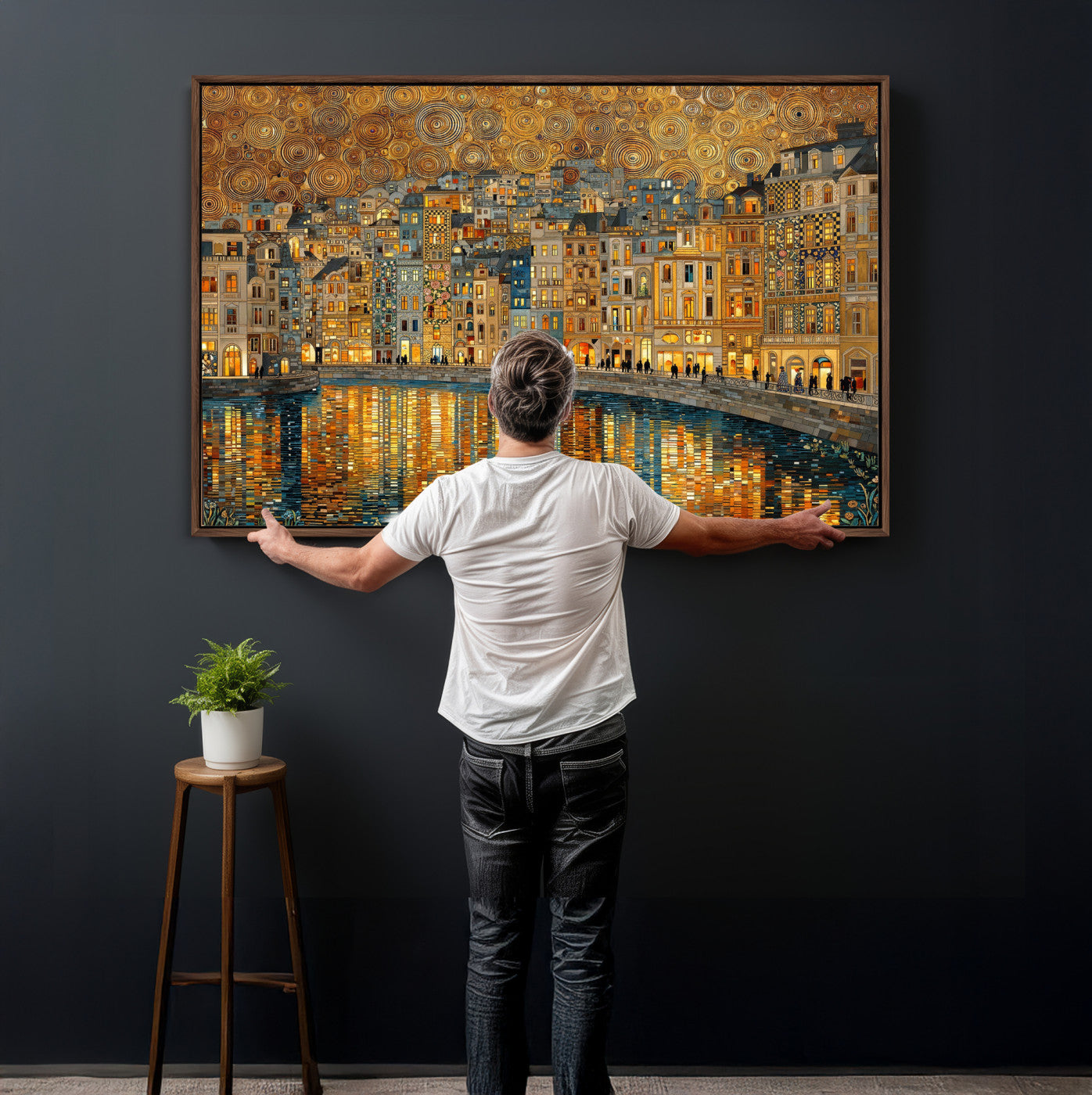 94022787-MGV-CV-36X24 - Gustav Klimt Golden Cityscape Wall Art Canvas Print, Framed River Town Landscape Artwork, Ornate Architecture Wall Decor for Living Room Bedroom Office