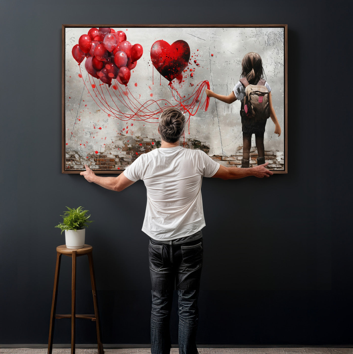 2162830T-MGV-CV-36X24 - Girl Graffiti Wall Art Canvas Print, Red Balloon Heart Street Art, Urban Love Artwork for Living Room Bedroom Hallway Office, Modern Abstract Canvas Wall Decor Home Decor