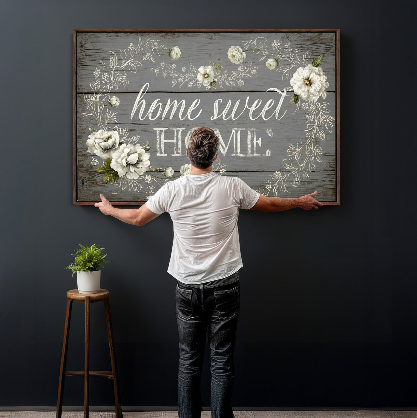 32056075-MGV-CV-36X24 - Home Sweet Home Wall Art Canvas Print, Floral Farmhouse Sign, Rustic Neutral Entryway Bedroom Living Room Decor