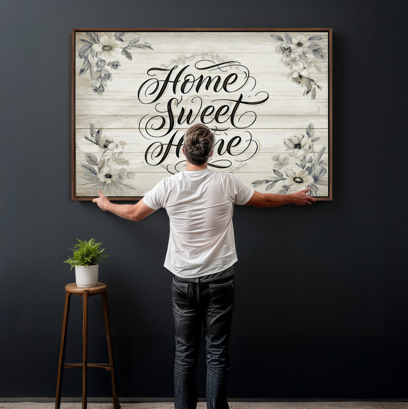 11120405-MGV-CV-36X24 - Home Sweet Home Wall Art Canvas Print, Floral Farmhouse Sign, Rustic Neutral Entryway Bedroom Living Room Decor