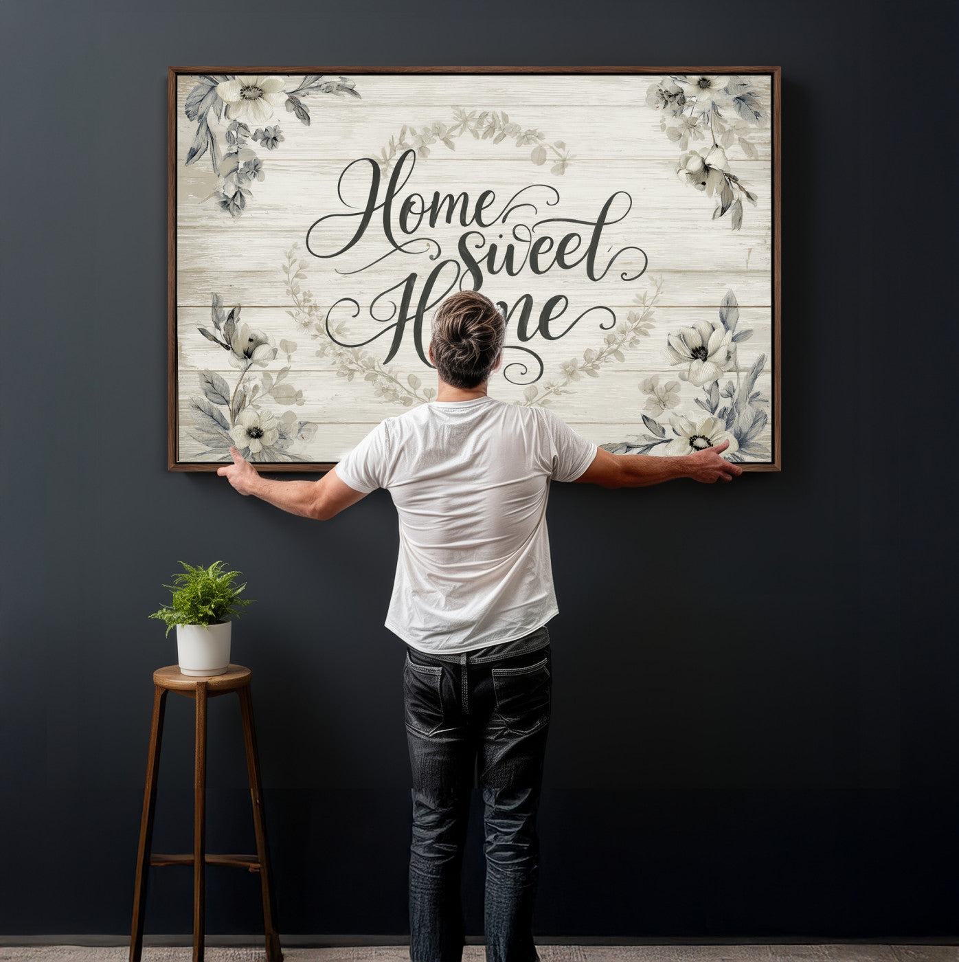 81157008-MGV-CV-36X24 - Home Sweet Home Wall Art Canvas Print, Floral Farmhouse Sign, Rustic Neutral Entryway Bedroom Living Room Decor