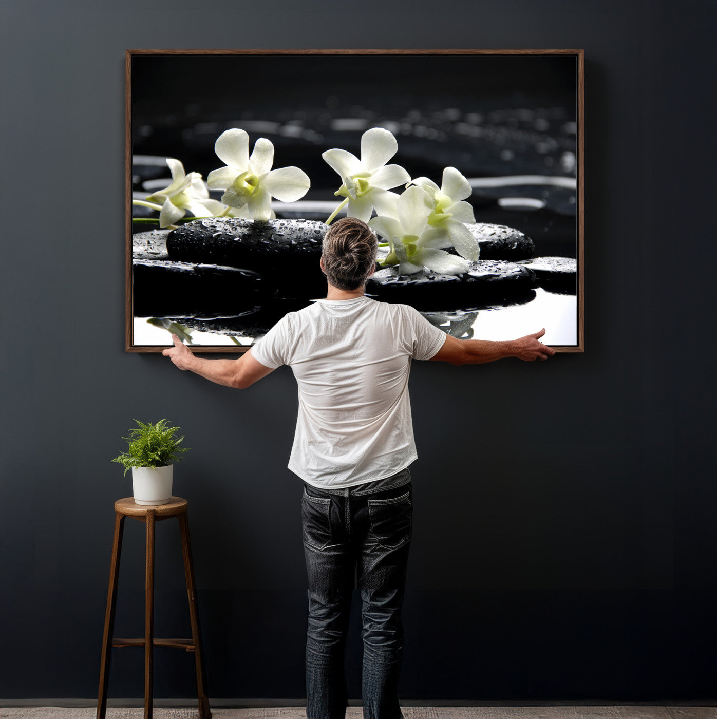 79486206-MGV-CV-36X24 - Plumeria Frangipani Black Stone Canvas | White Flower Spa Photography Print | Tropical Zen Wall Art | Grey Pebble Floral for Meditation Room Decor
