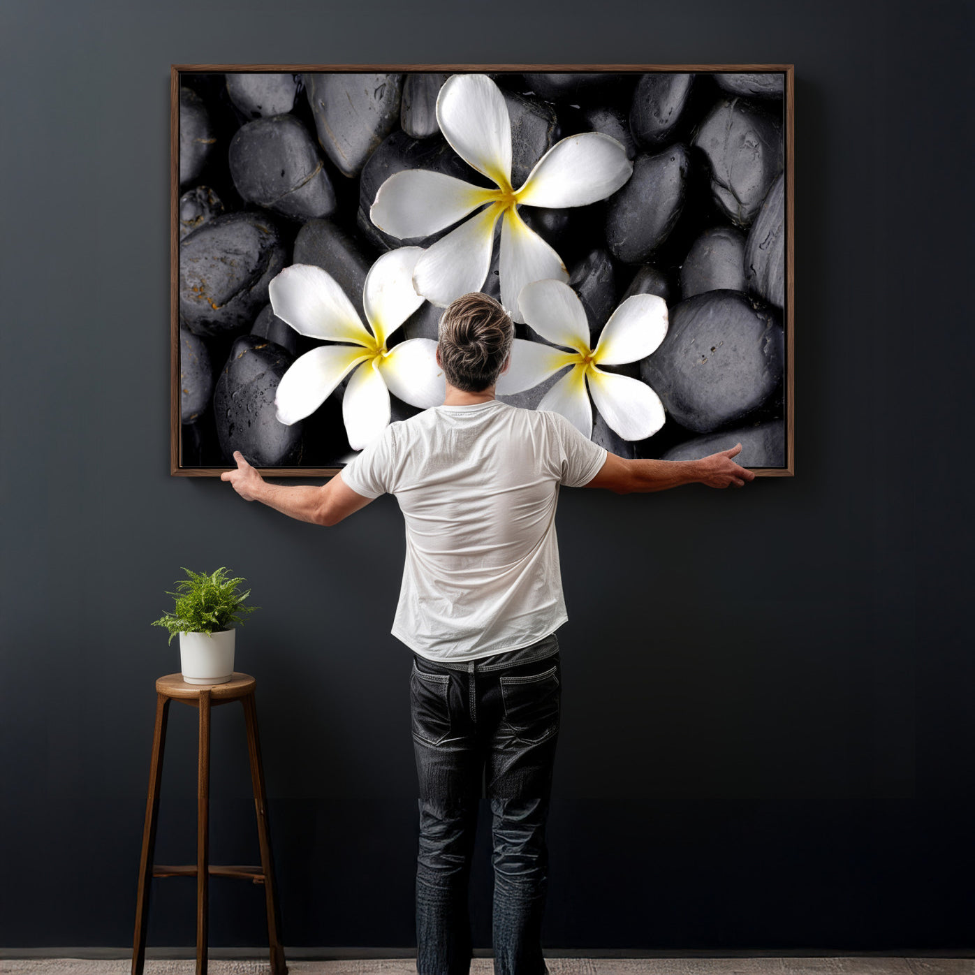 43639613-MGV-CV-36X24 - Plumeria Frangipani Black Stone Canvas | White Flower Spa Photography Print | Tropical Zen Wall Art | Grey Pebble Floral Decor