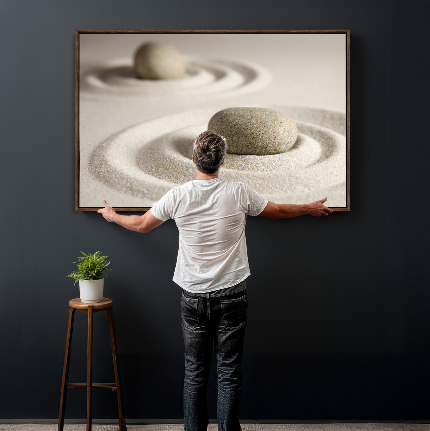 13397966-MGV-CV-36X24 - Zen Garden Stone Sand Canvas | Japanese Rock Garden Wall Art | Minimalist Meditation Print | Neutral Beige Mindfulness Decor