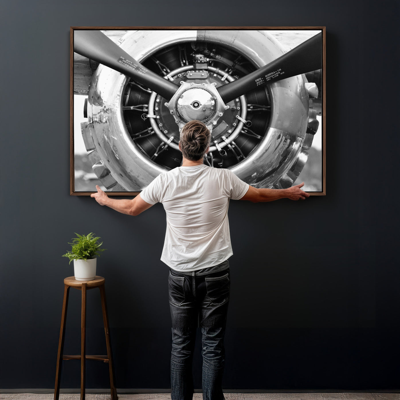 73322230-MGV-CV-36X24 - Vintage Propeller Plane Wall Art Canvas Print, Black and White Airplane Engine Close Up Framed Aviation Artwork for Pilot Office Hangar Decor