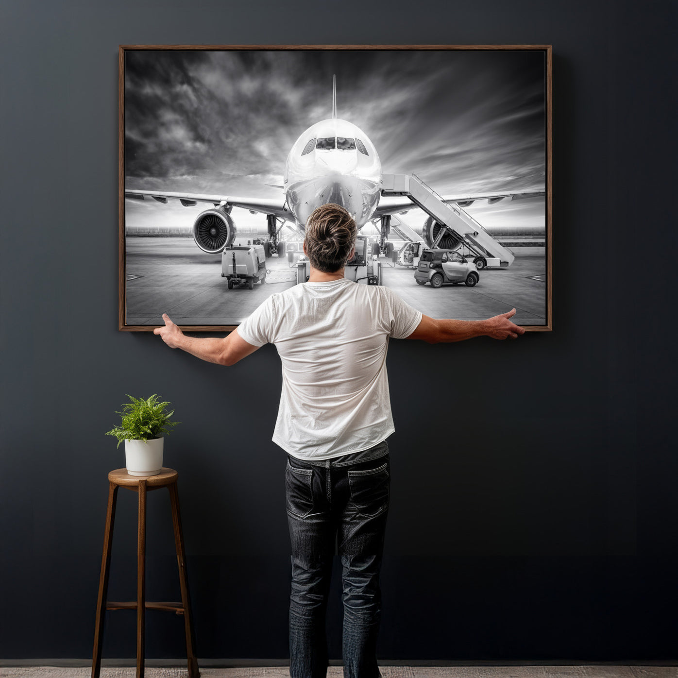 85885848-MGV-CV-36X24 - Airplane Wall Art Canvas Print, Black and White Jet Aircraft Airport Runway Framed Aviation Artwork for Pilot Office Hangar Travel Decor