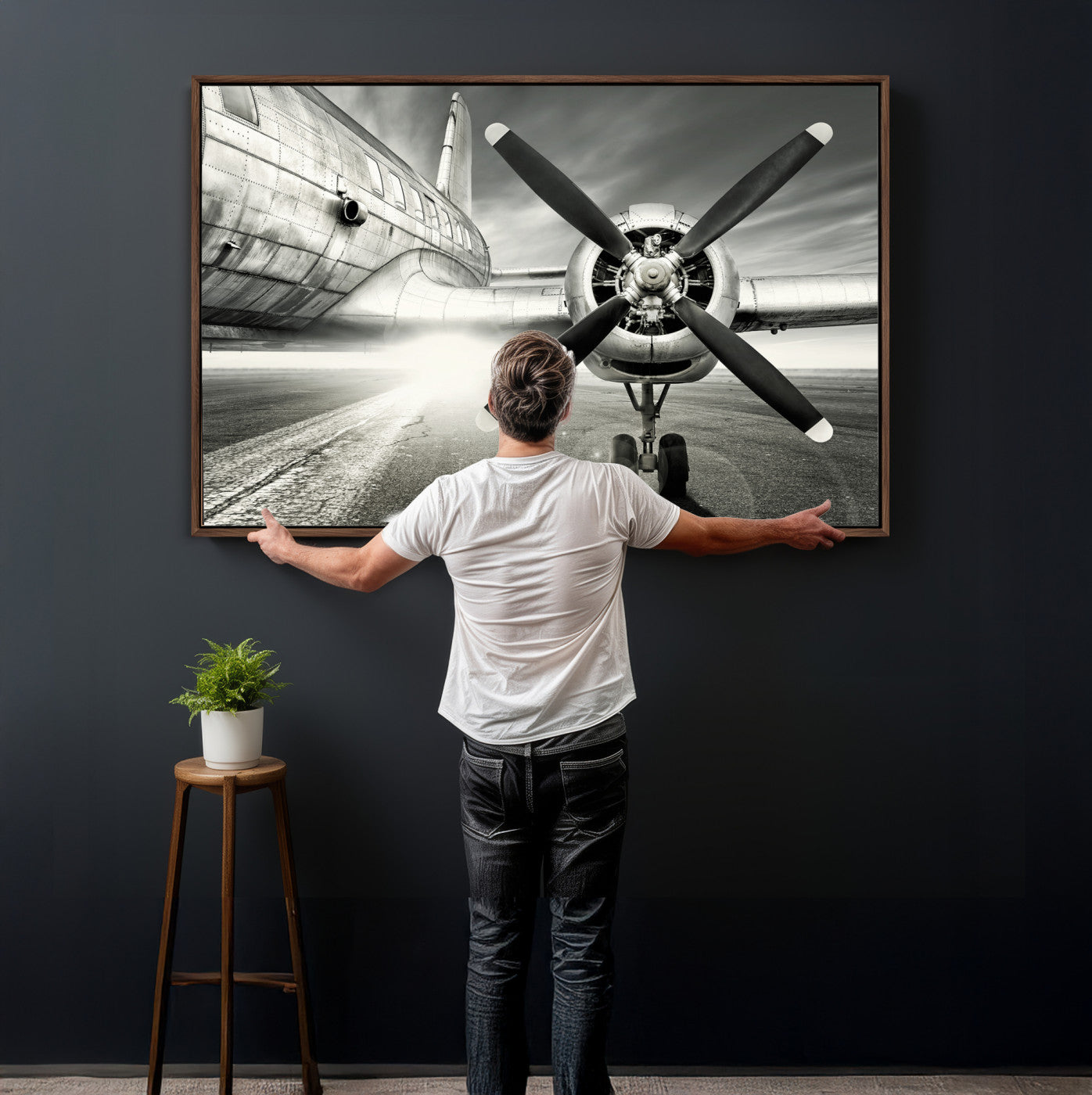 16420255-MGV-CV-36X24 - Vintage Airplane Wall Art Canvas Print, Black and White Propeller Aircraft Framed Aviation Artwork for Pilot Office Hangar Living Room Decor