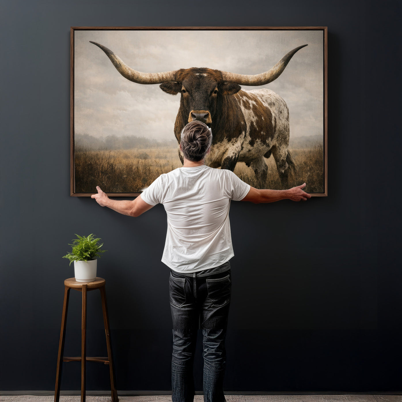 17622011L-MGV-CV-36X24 - Longhorn Bull Wall Art Canvas Print, Western Farmhouse Cowboy Decor, Rustic Texas Ranch Cattle Artwork for Living Room Bedroom Office, Framed Wall Decor