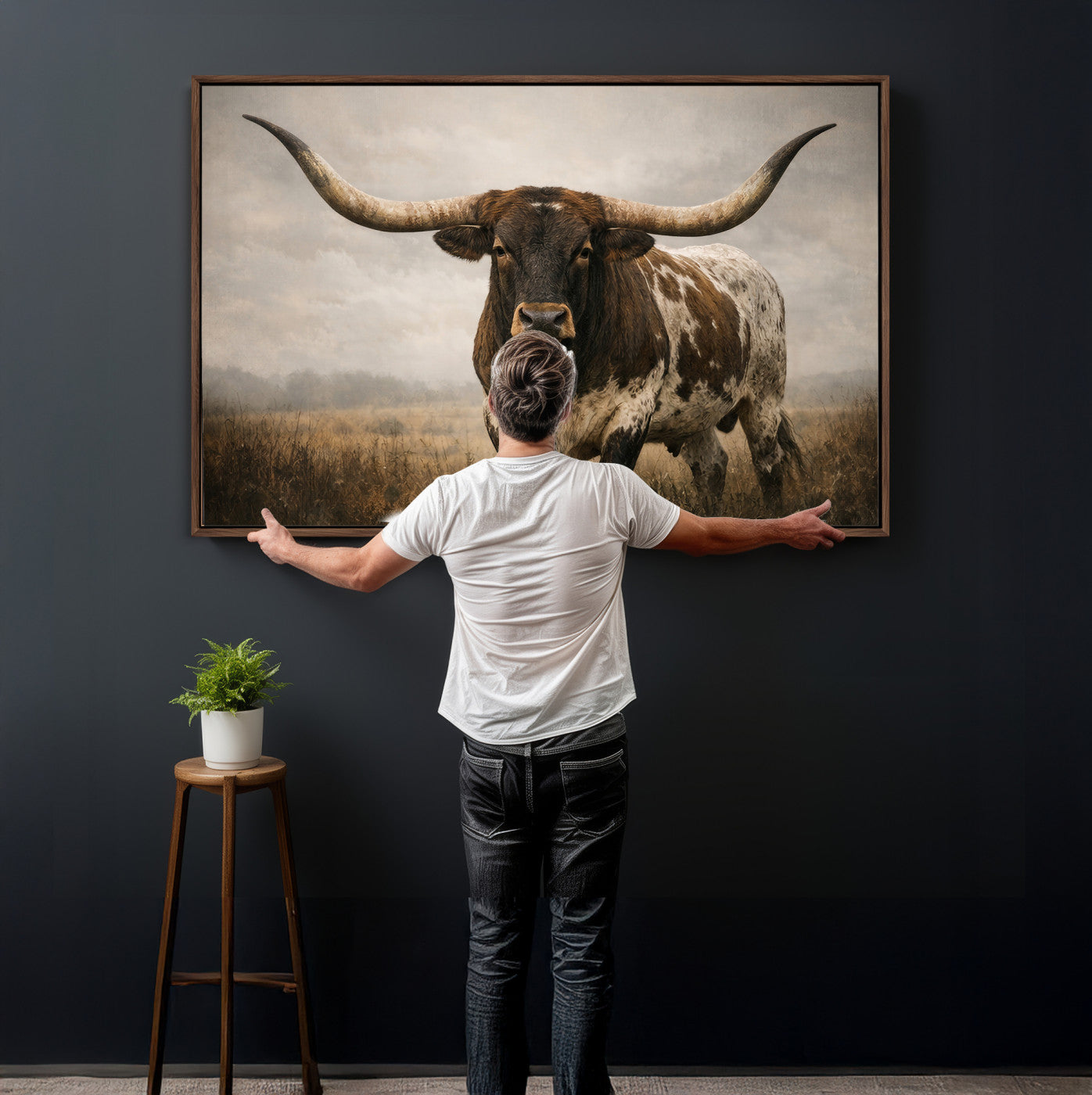 17622011L-MGV-CV-36X24 - Longhorn Bull Wall Art Canvas Print, Western Farmhouse Cowboy Decor, Rustic Texas Ranch Cattle Artwork for Living Room Bedroom Office, Framed Wall Decor