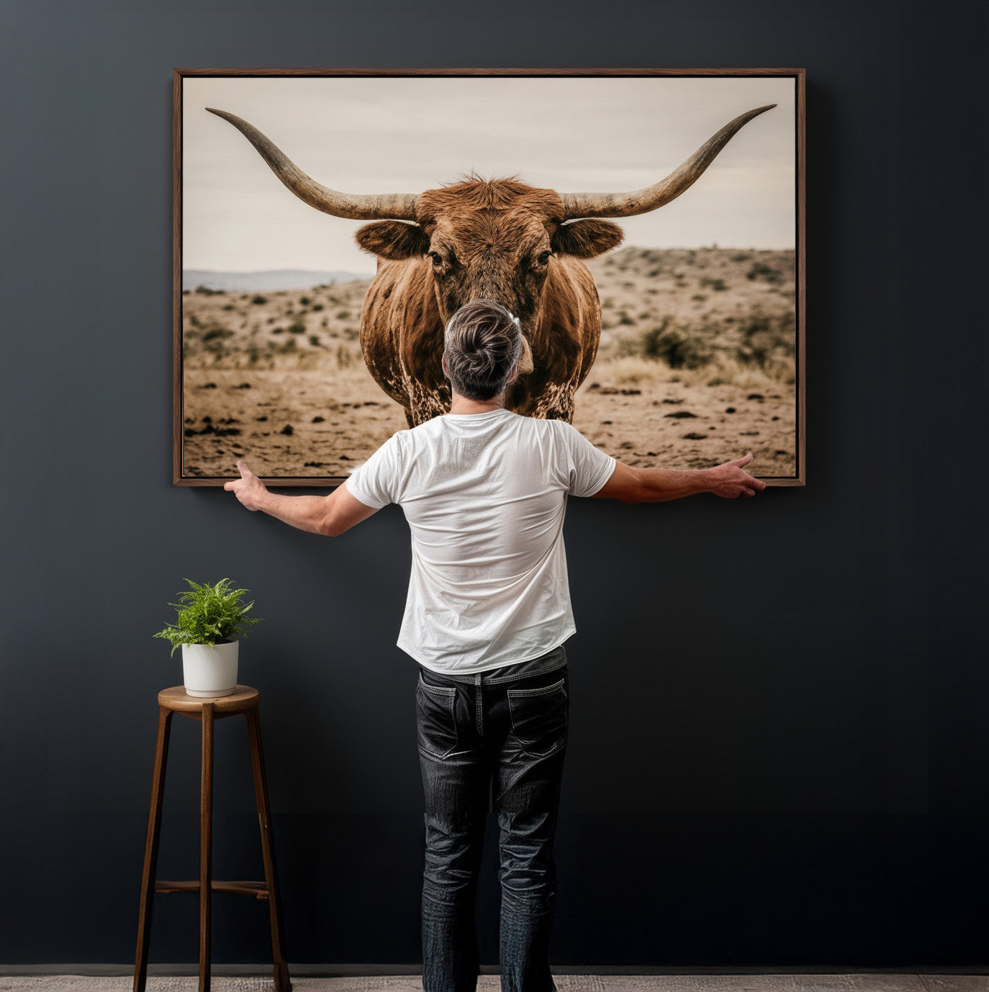 17622011K-MGV-CV-36X24 - Texas Longhorn Bull Wall Art Canvas Print, Western Farmhouse Cowboy Decor, Rustic Texas Ranch Cattle Artwork for Living Room Bedroom Office, Framed Wall Decor