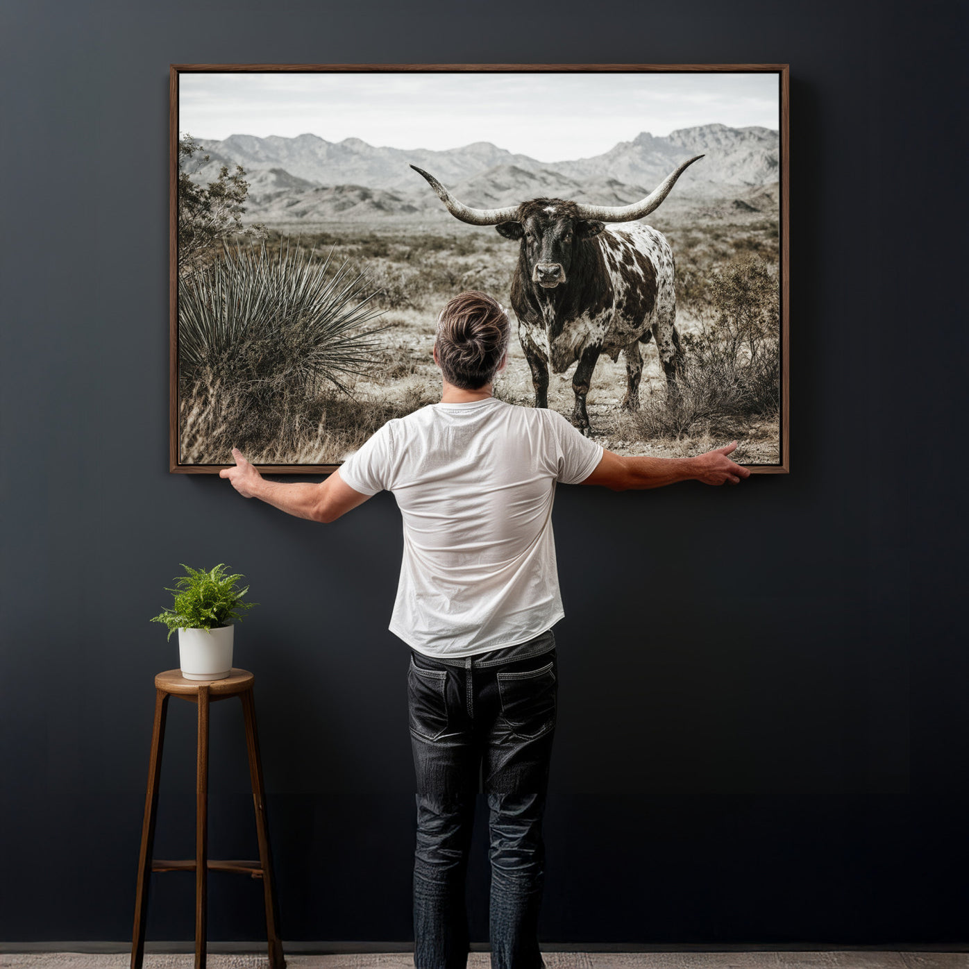 17622011H-MGV-CV-36X24 - Texas Longhorn Bull Wall Art Canvas Print, Western Farmhouse Cowboy Decor, Rustic Texas Ranch Cattle Artwork for Living Room Bedroom Office, Framed Wall Decor