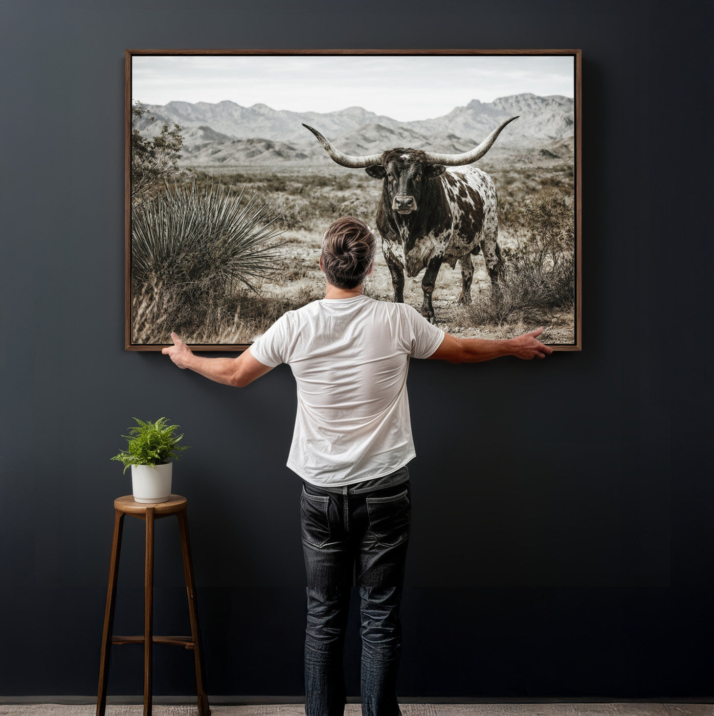 17622011H-MGV-CV-36X24 - Texas Longhorn Bull Wall Art Canvas Print, Western Farmhouse Cowboy Decor, Rustic Texas Ranch Cattle Artwork for Living Room Bedroom Office, Framed Wall Decor