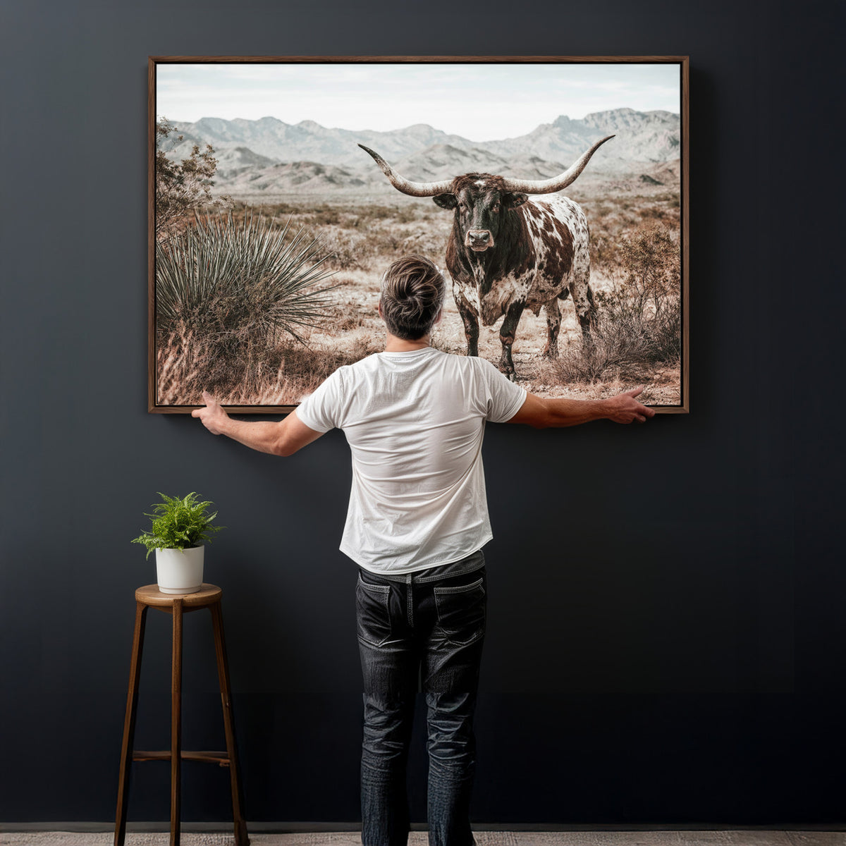 17622011H-MGV-CV-36X24 - Texas Longhorn Bull Wall Art Canvas Print, Western Farmhouse Cowboy Decor, Rustic Texas Ranch Cattle Artwork for Living Room Bedroom Office, Framed Wall Decor