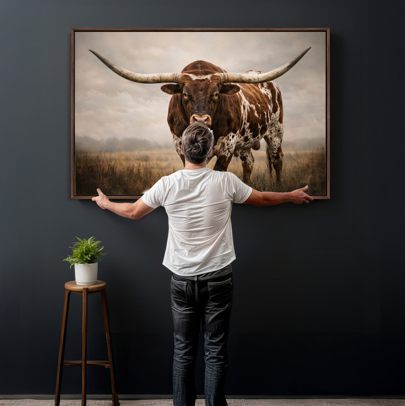 25239047-MGV-CV-36X24 - Texas Longhorn Canvas Wall Art Western Bull Desert Moody Grey Overcast Rustic Farmhouse Framed Large for Living Room Bedroom Office Decor