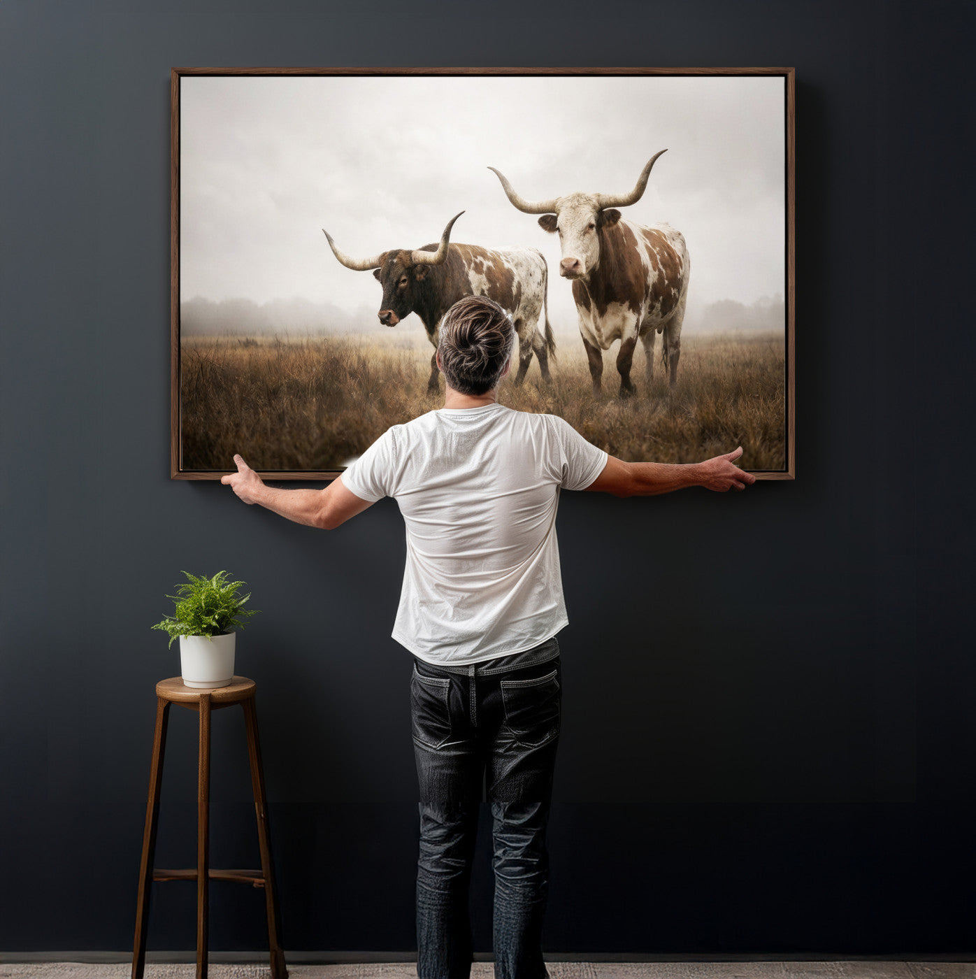 92881702-MGV-CV-36X24 - Texas Longhorn Canvas Wall Art Western Bull Desert Moody Grey Overcast Rustic Farmhouse Framed Large for Living Room Bedroom Office Decor