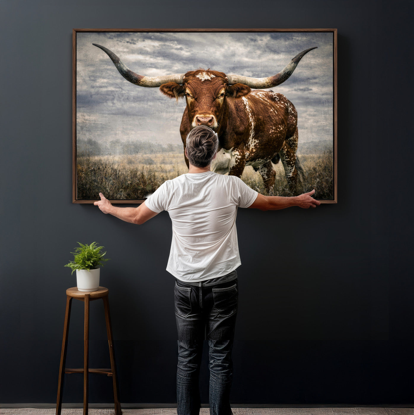 14372769-MGV-CV-36X24 - Texas Longhorn Canvas Wall Art Western Bull Desert Moody Grey Overcast Rustic Farmhouse Framed Large for Living Room Bedroom Office Decor