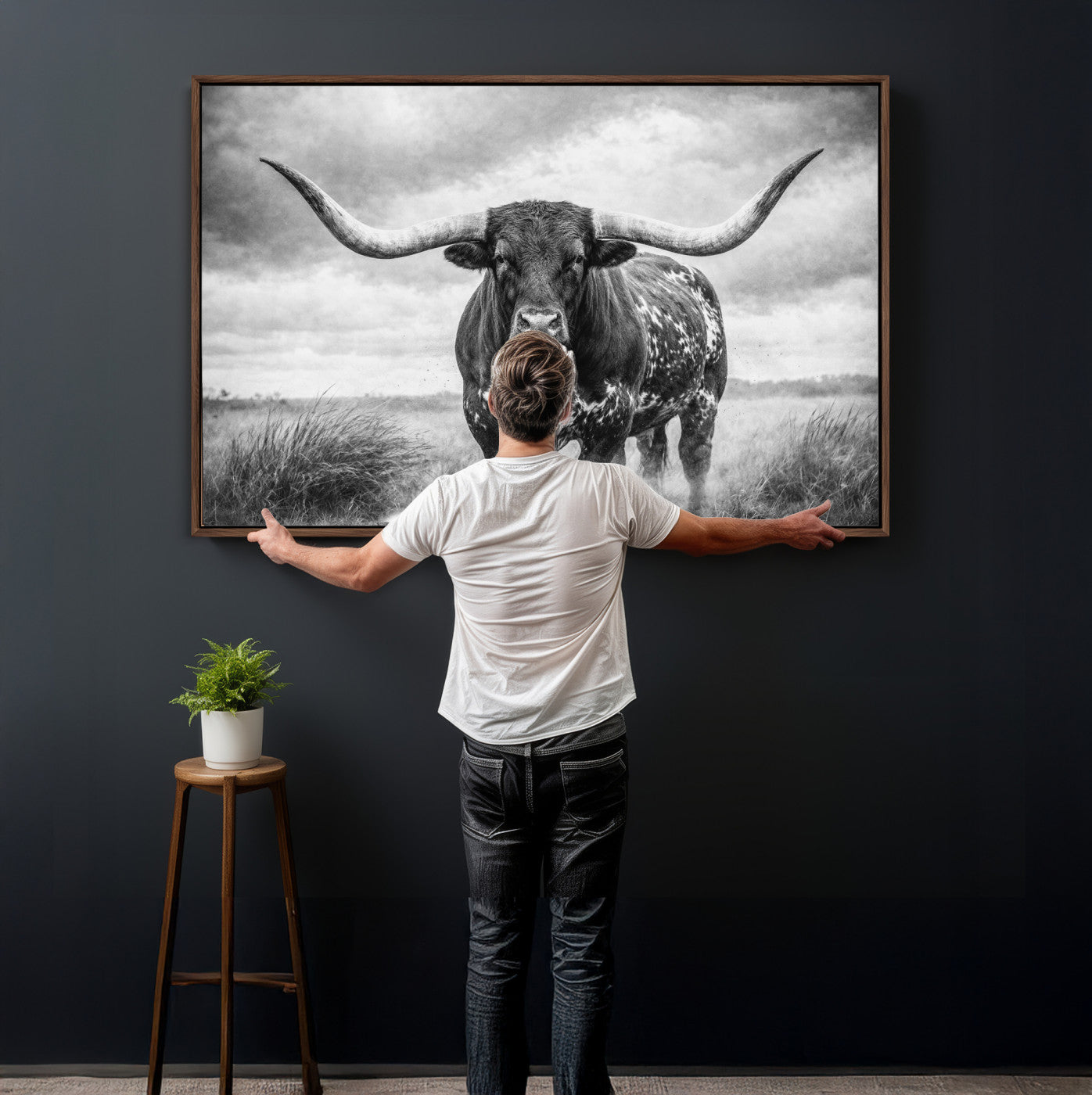 19951238-MGV-CV-36X24 - Texas Longhorn Canvas Wall Art Western Bull Desert Moody Grey Overcast Rustic Farmhouse Framed Large for Living Room Bedroom Office Decor