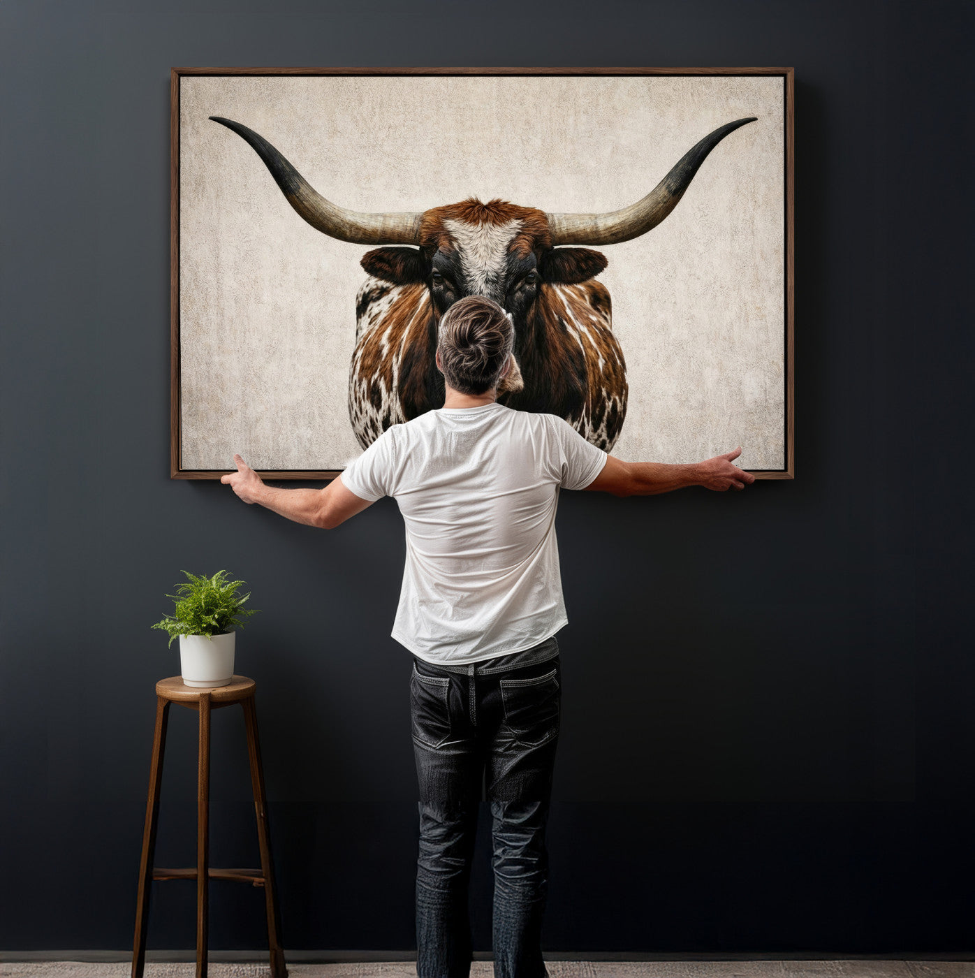 58622065-MGV-CV-36X24 - Texas Longhorn Canvas Wall Art Western Bull Desert Moody Grey Overcast Rustic Farmhouse Framed Large for Living Room Bedroom Office Decor