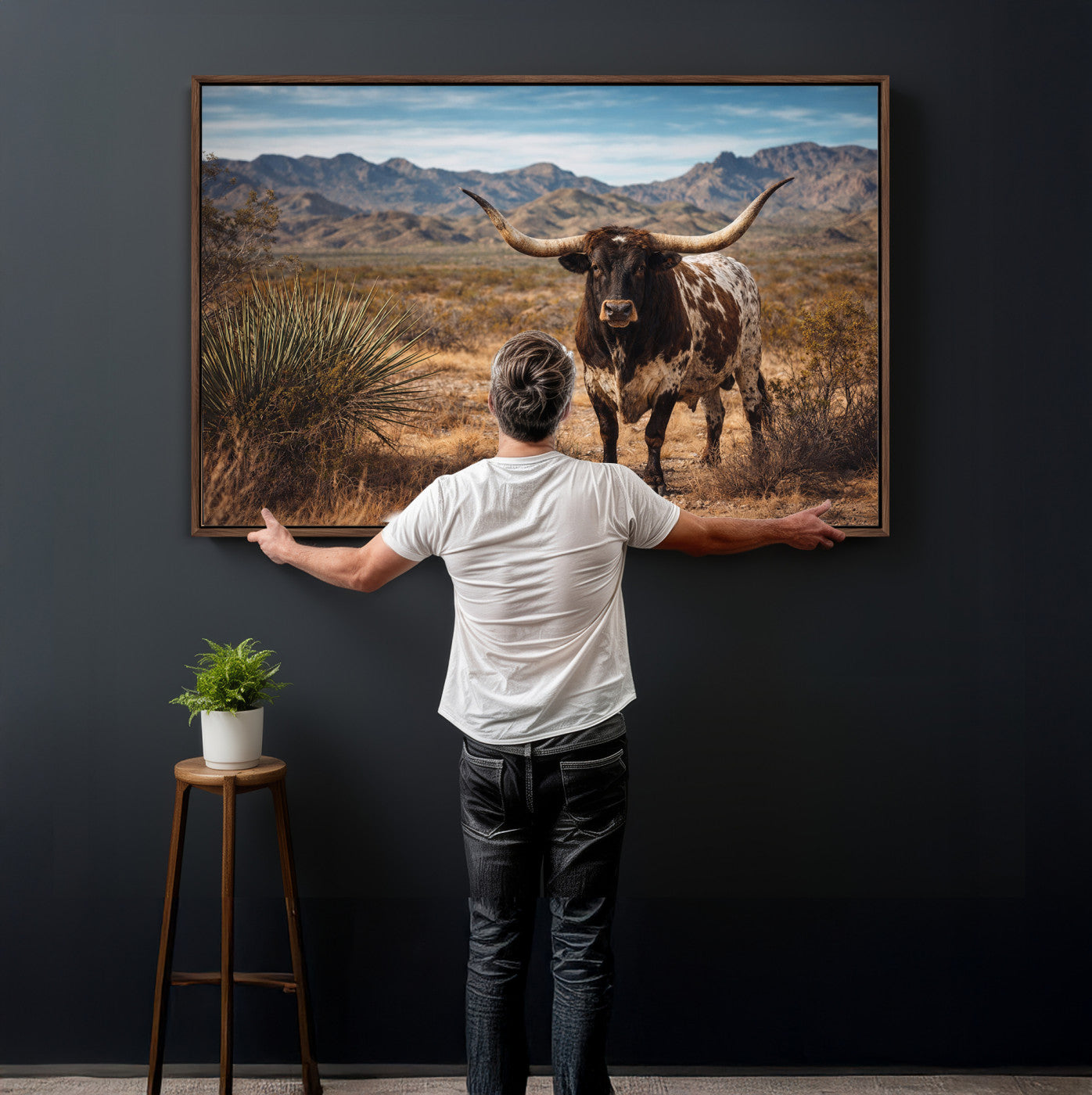 26448918-MGV-CV-36X24 - Texas Longhorn Canvas Wall Art Western Bull Desert Moody Grey Overcast Rustic Farmhouse Framed Large for Living Room Bedroom Office Decor