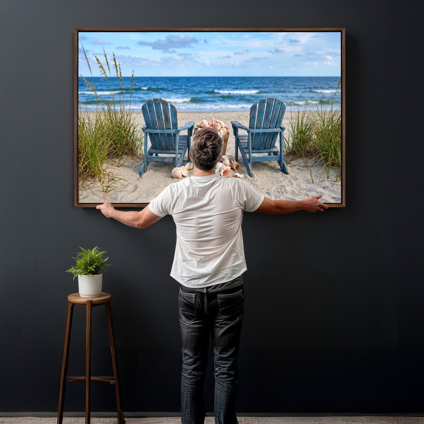 80268829-MGV-CV-36X24 - Large Beach Canvas Wall Art Coastal Adirondack Chairs Ocean Seashells Blue Nautical Framed Large for Living Room Bedroom Bathroom Decor
