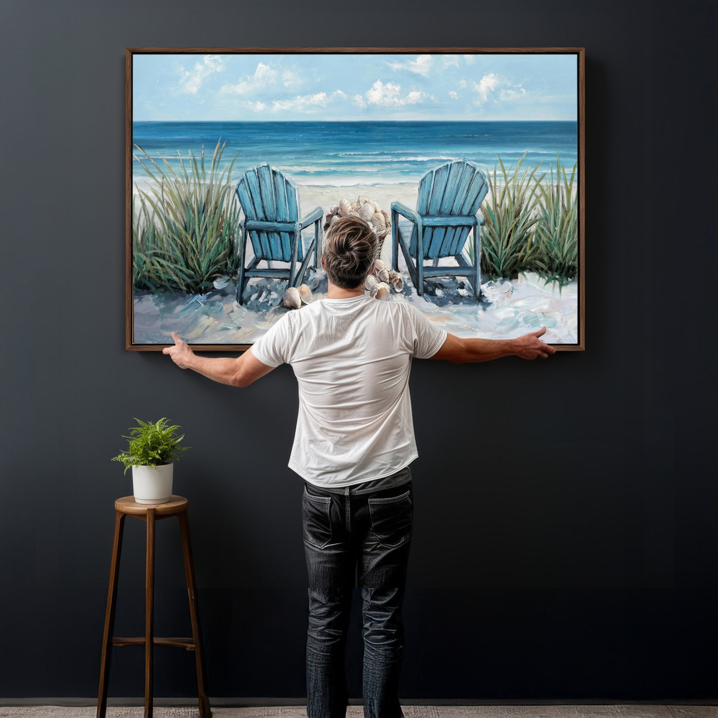 11973028-MGV-CV-36X24 - Beach Canvas Wall Art Coastal Adirondack Chairs Ocean Seashells Blue Nautical Framed Large for Living Room Bedroom Bathroom Decor