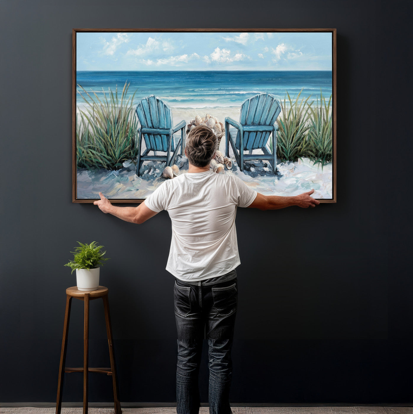 11973028-MGV-CV-36X24 - Beach Canvas Wall Art Coastal Adirondack Chairs Ocean Seashells Blue Nautical Framed Large for Living Room Bedroom Bathroom Decor