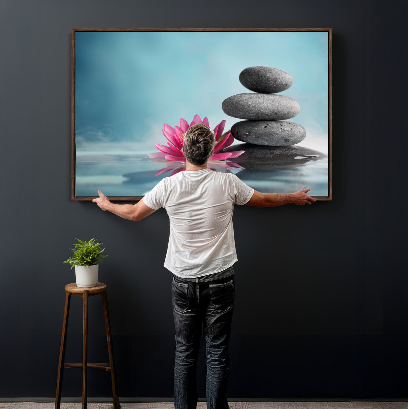 84293154-MGV-CV-36X24 - Zen Canvas Wall Art Lotus Flower Stacked Stones Teal Spa Meditation Relaxation Framed Large for Bathroom Bedroom Living Room Office Decor