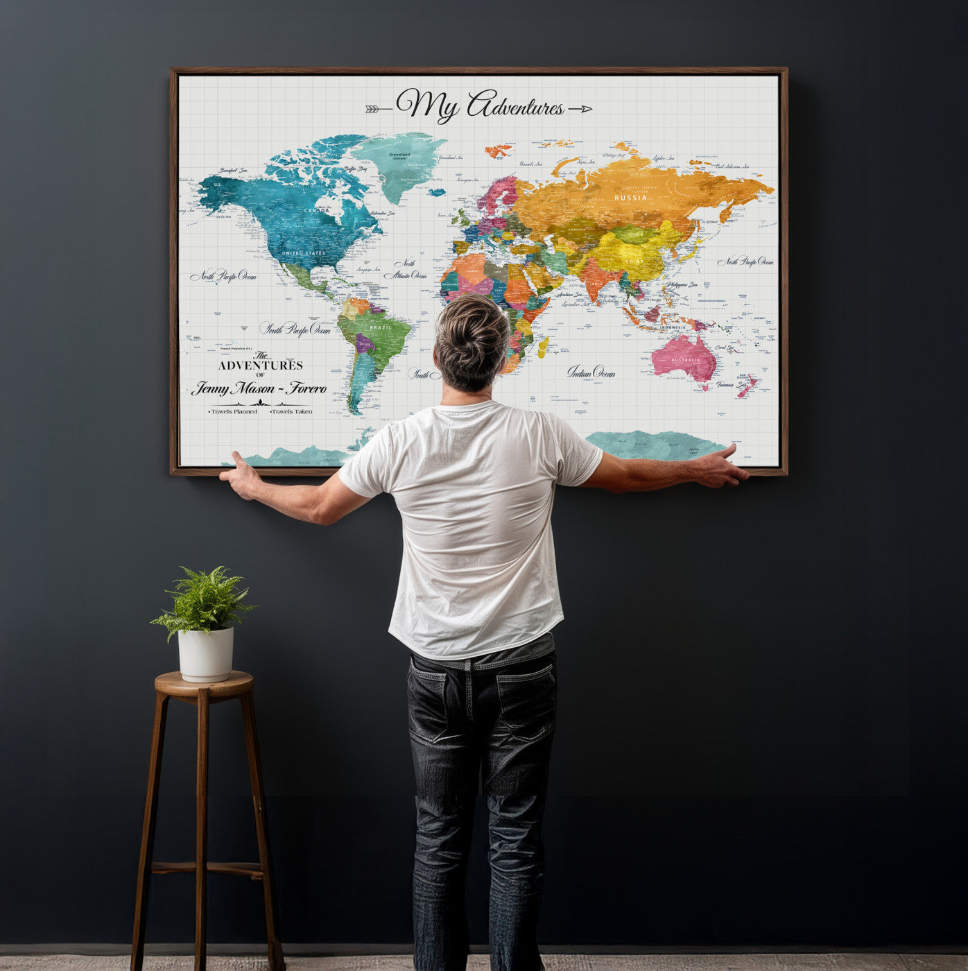 56239817-MGV-CV-36X24 - Custom Push Pin Watercolor World Map Canvas Wall Art Print – Abstract Colorful Travel Wall Decor