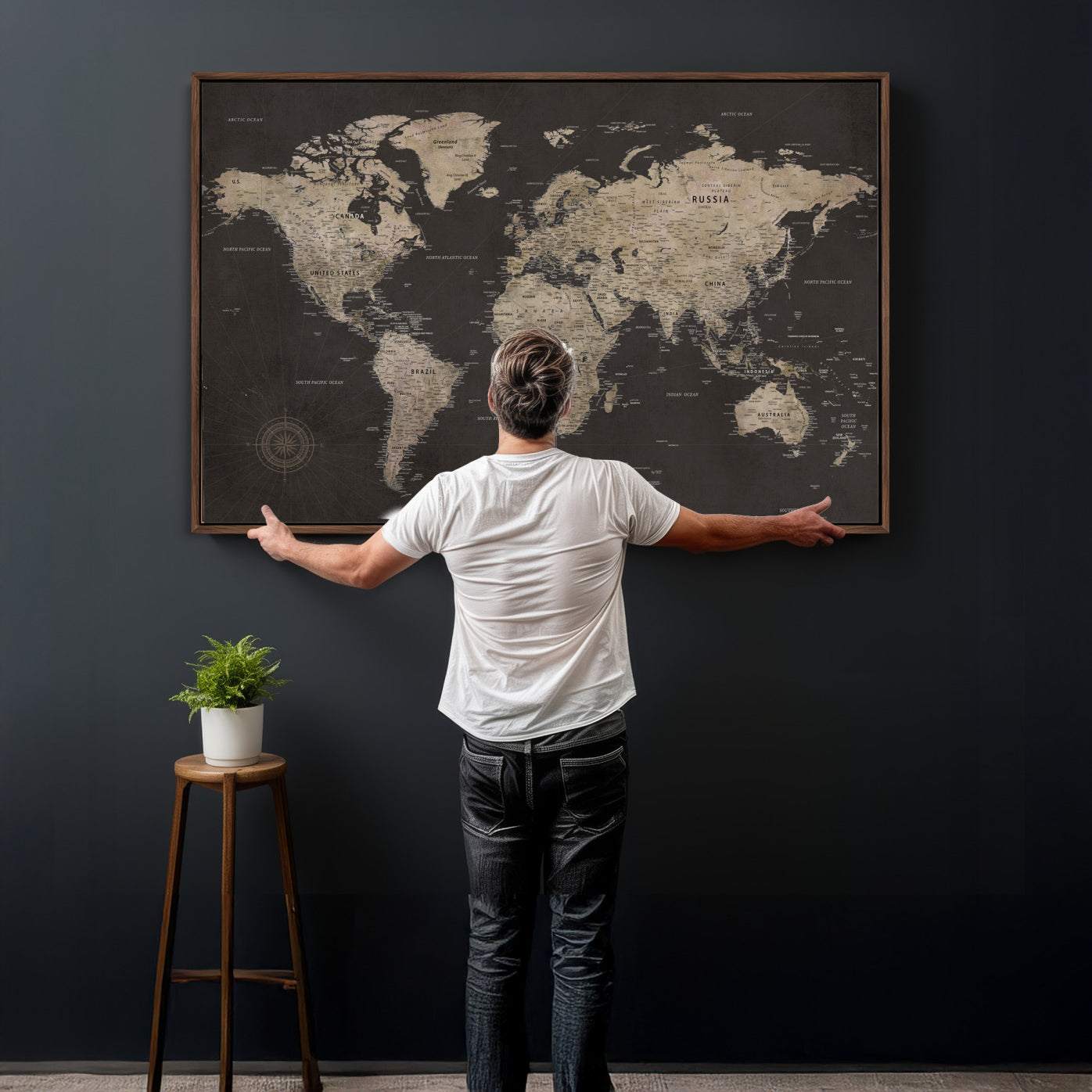 56556018136-MGV-CV-36X24 - World Map Canvas Wall Art Dark Charcoal Antique Tan Detailed Every Country Labeled Framed Large for Home Office Living Room Bedroom Decor