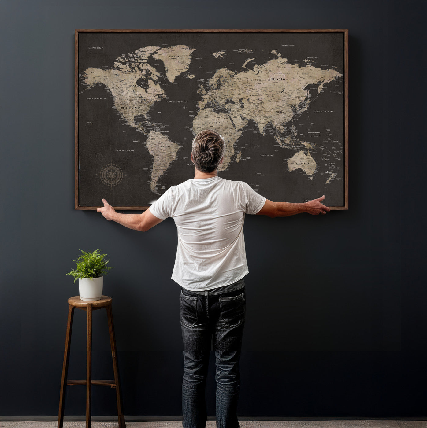 56556018136-MGV-CV-36X24 - World Map Canvas Wall Art Dark Charcoal Antique Tan Detailed Every Country Labeled Framed Large for Home Office Living Room Bedroom Decor