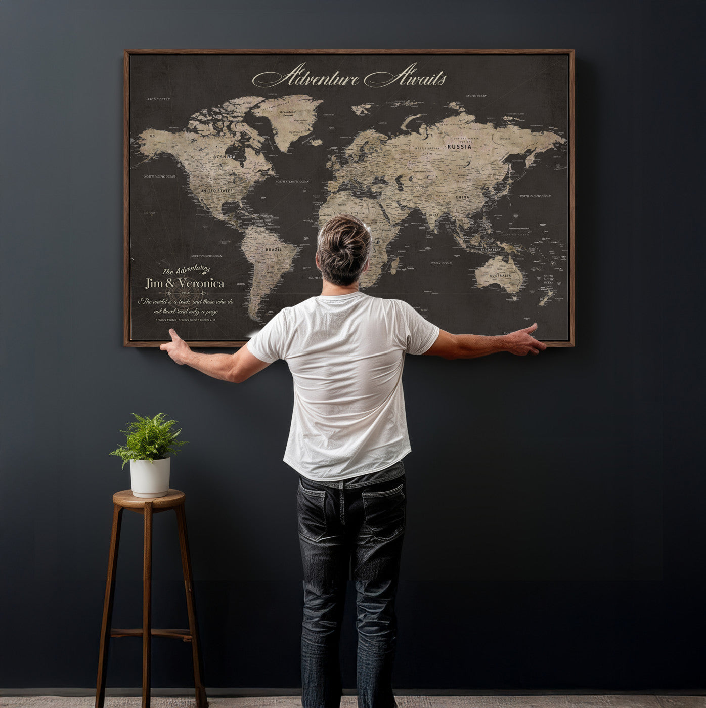 56556018136C-MGV-CV-36X24 - Custom World Map with Pins Canvas Wall Art Dark Charcoal Antique Tan Detailed Every Country Labeled Framed Large for Home Office Living Room Bedroom Decor
