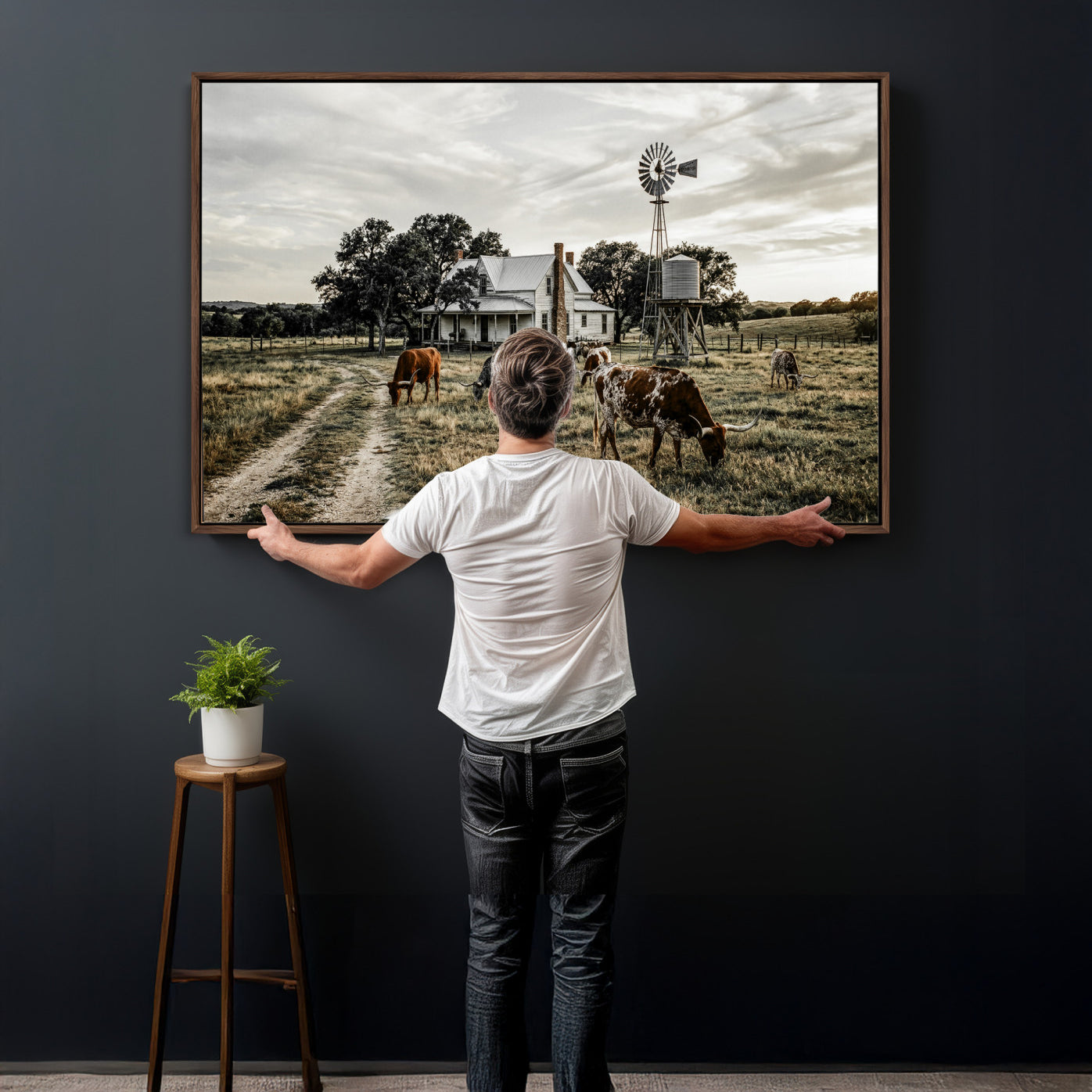92429425-MGV-CV-36X24 - Texas Longhorn Ranch Wall Art Canvas Print, Rustic Western Farmhouse Decor, Country Landscape Canvas Wall Art, Vintage Cowboy Ranch Picture