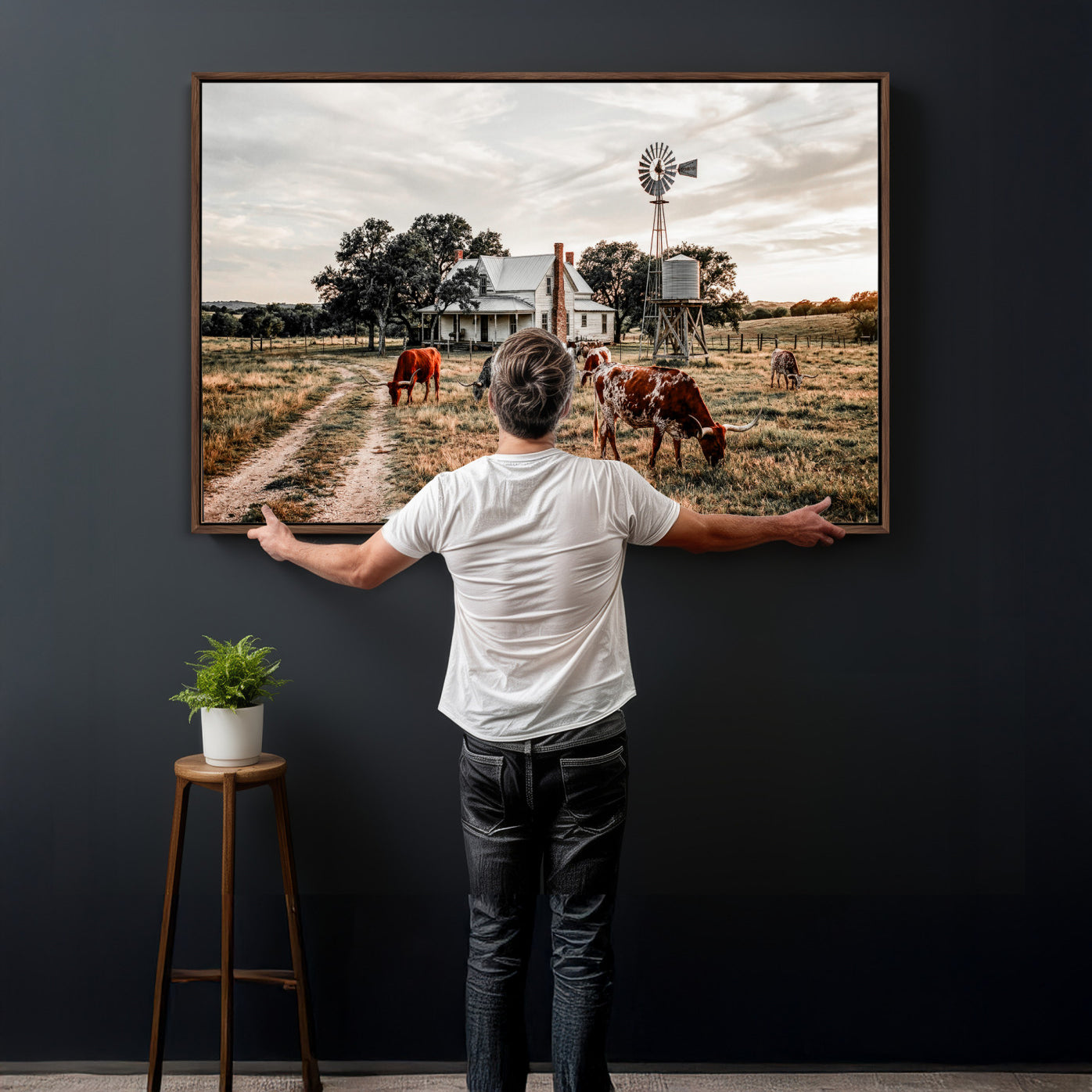 92429425-MGV-CV-36X24 - Texas Longhorn Ranch Wall Art Canvas Print, Rustic Western Farmhouse Decor, Country Landscape Canvas Wall Art, Vintage Cowboy Ranch Picture